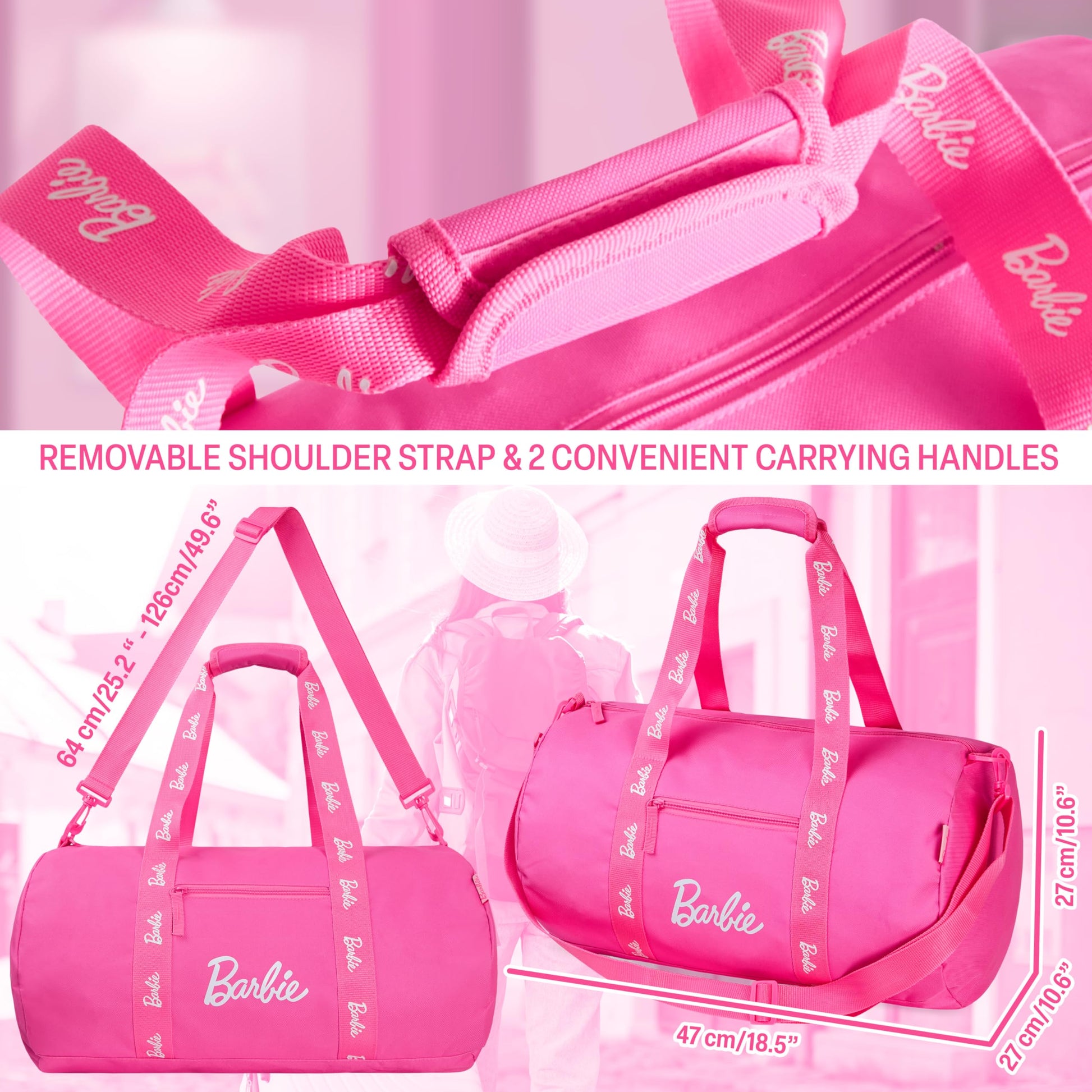 Barbie - Bolsa de fin de semana espaciosa con bolsillos con cremallera, ideal como bolsa de viaje, bolsa de deporte, bolsa de natación, regalos para niñas y mujeres, rosa, Einheitsgröße, moderna,