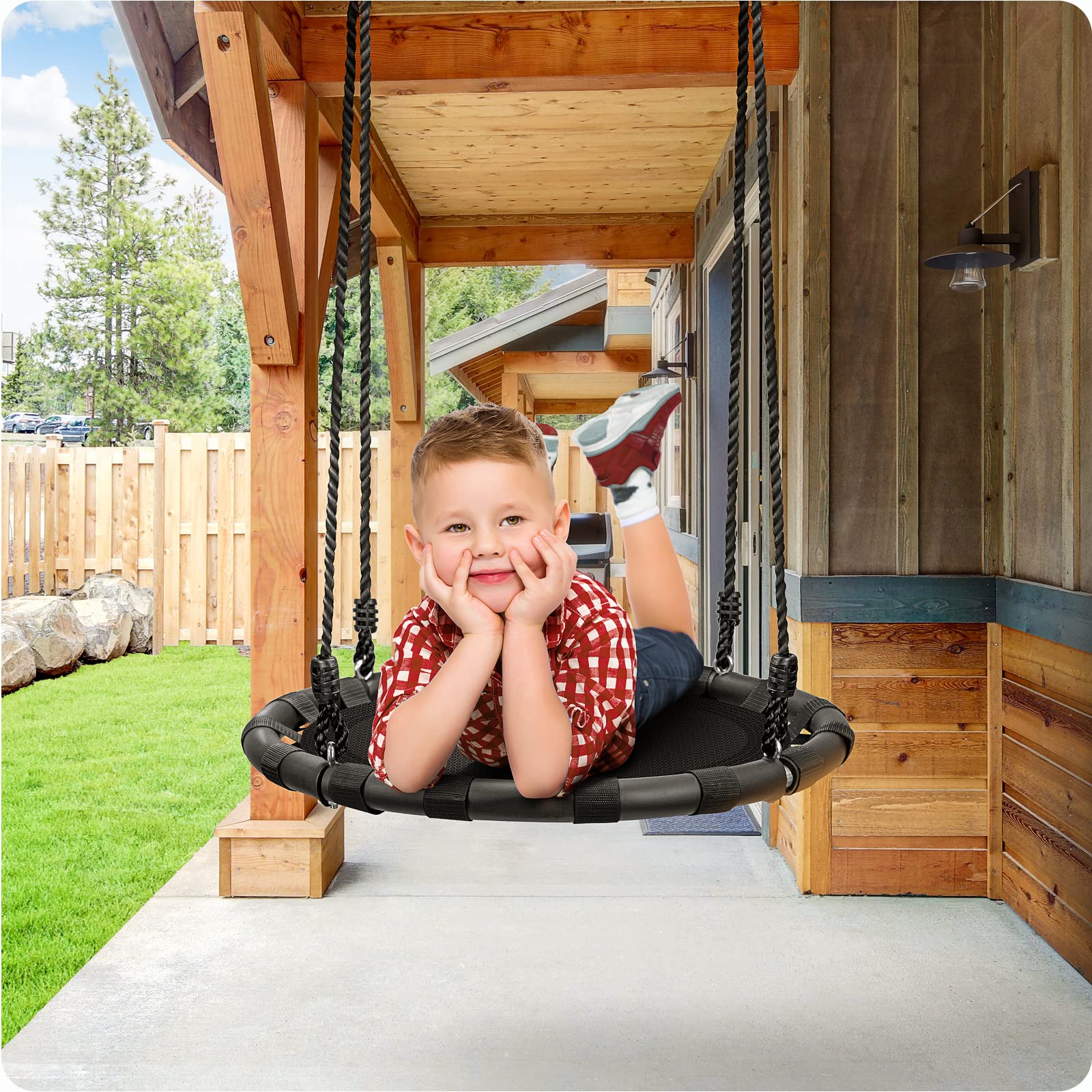 Columpio Giratorio Sorbus Negro para Niños con Asiento Redondo y Accesorios Incluidos