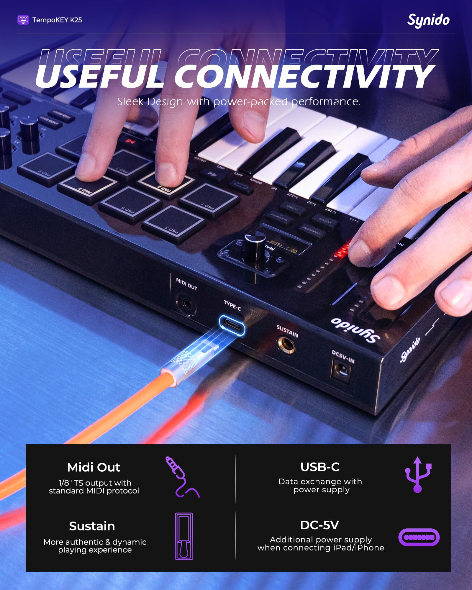 Teclado MIDI USB Synido Negro con Visualización OLED y Almohadillas de Tambor para Producción de Música