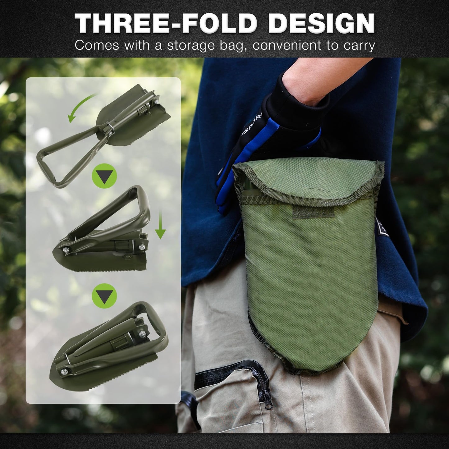 Pala de Camping REDCAMP Verde Militar Plegable con Mango Triple para Senderismo