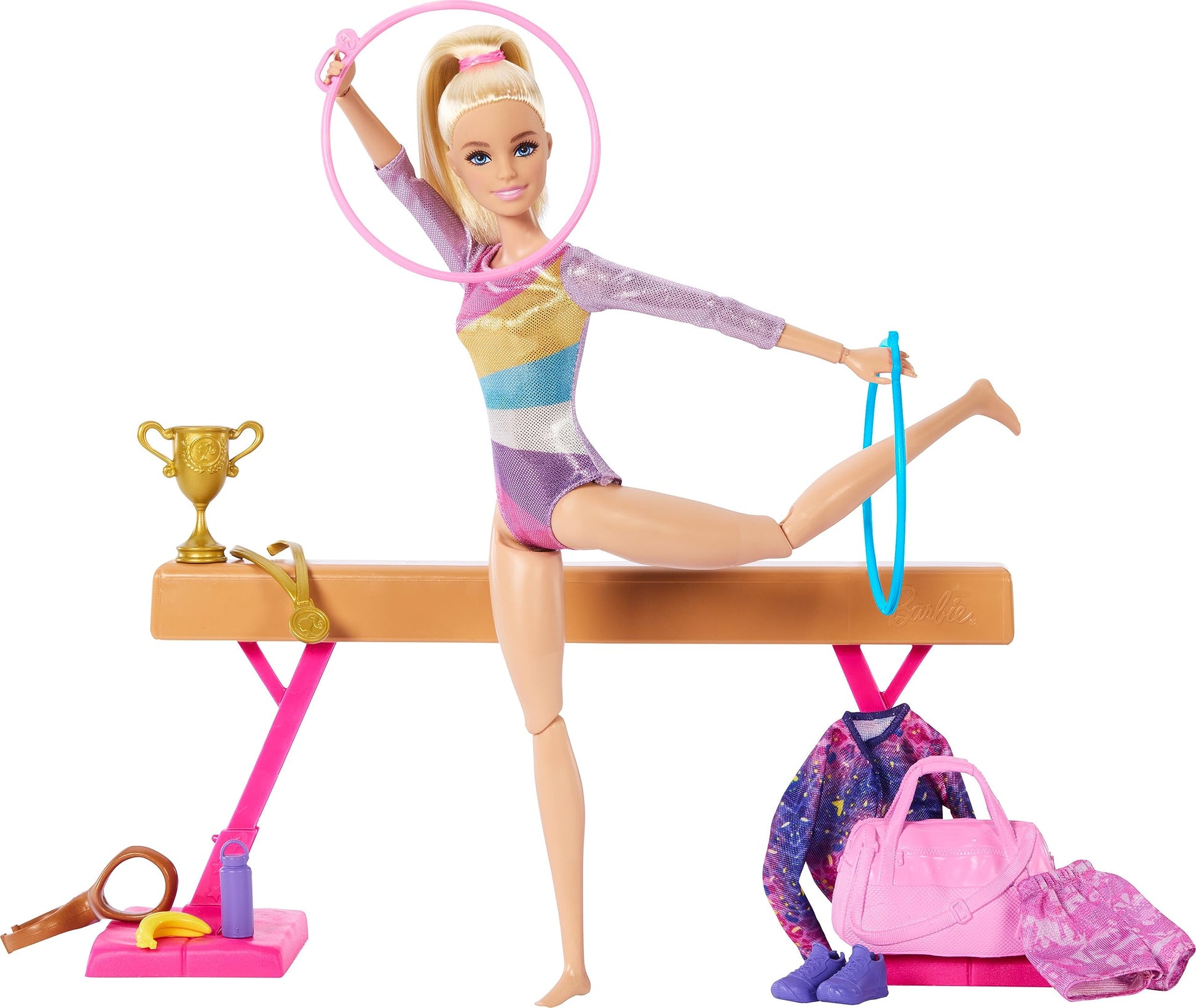 Barbie, Profesiones, Set de Juego Gimnasta, Muñeca con Cabello Rubio, para Niñas de 3 Años en Adelante, Mattel, Gimnasia, Viga de Equilibrio y más de 10 Piezas temáticas