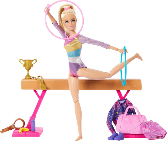 Barbie, Profesiones, Set de Juego Gimnasta, Muñeca con Cabello Rubio, para Niñas de 3 Años en Adelante, Mattel, Gimnasia, Viga de Equilibrio y más de 10 Piezas temáticas
