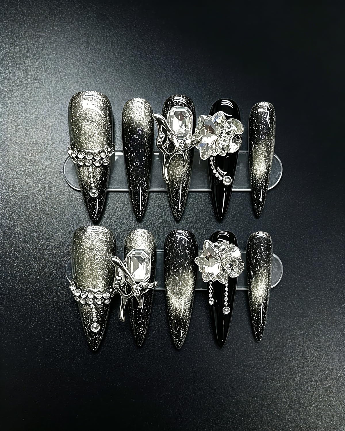 Camilcy Clavos Hechos A Mano, Punta Larga, Negra, Pintada A Mano, Reutilizable, Gel, Acabado Uv, Uñas Postizas Preformadas para Mujeres, 10 Piezas, Uñas 3D, Con Estrás, Prensa En Uñas(Negro, Talla M,