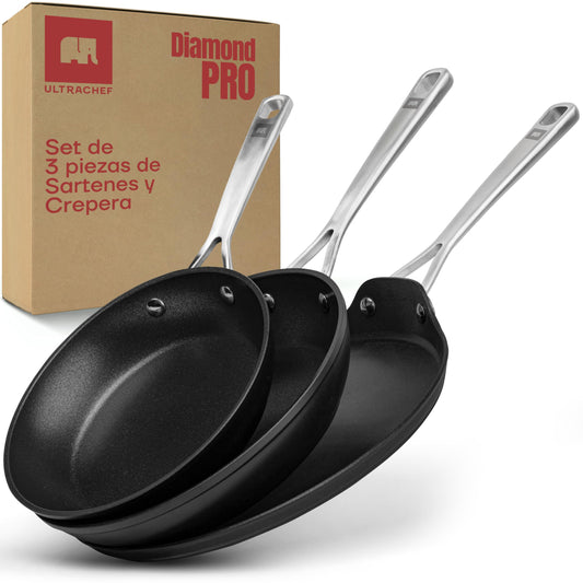Juego de Sartenes y Crepera ULTRACHEF Diamond Pro Acero Inoxidable Antiadherentes Set de 3 Piezas