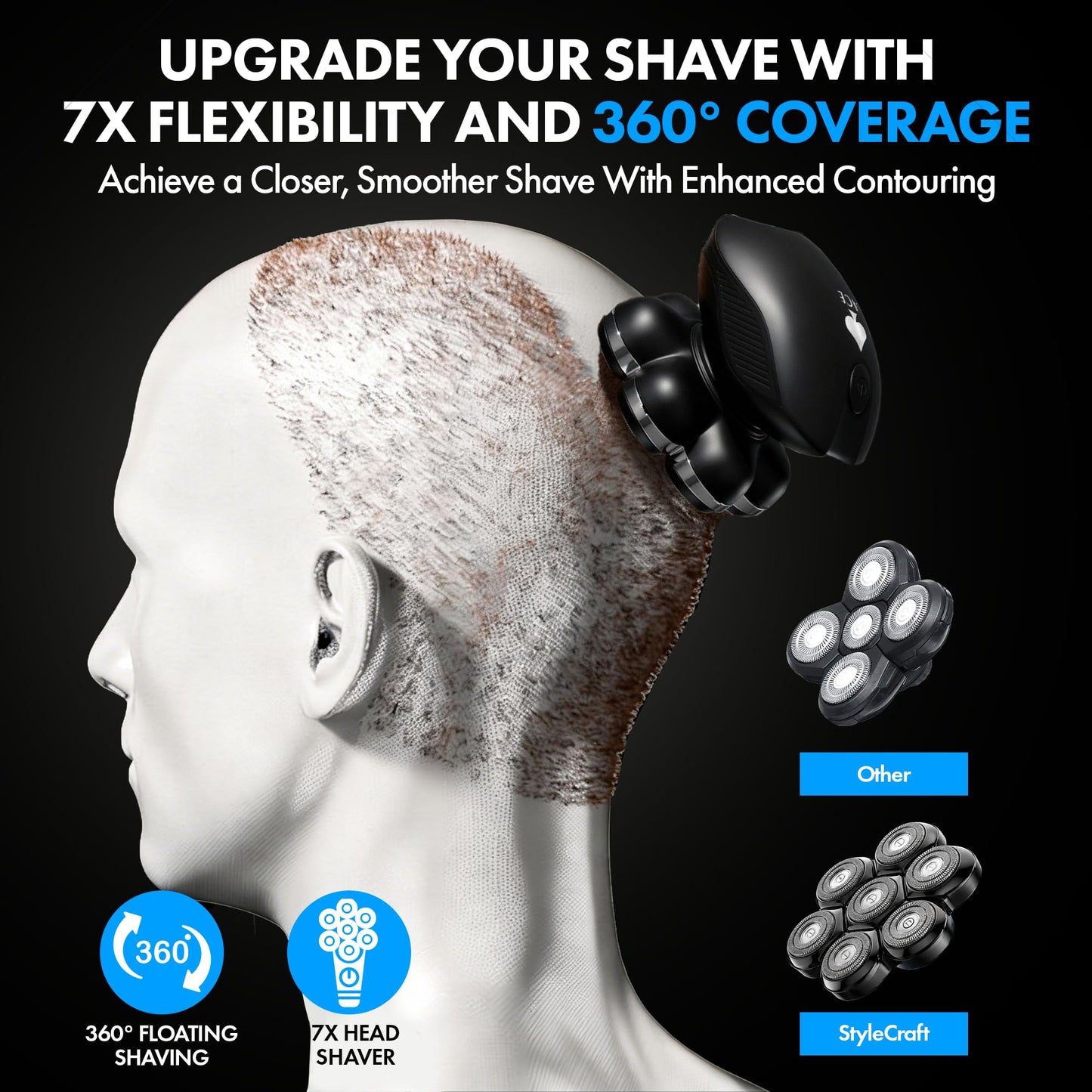 StyleCraft Ace 7X - Afeitadora rotativa de cabeza calva, maquinilla de afeitar eléctrica inalámbrica para hombres, afeitadora de lámina ultra cerrada, recargable por USB