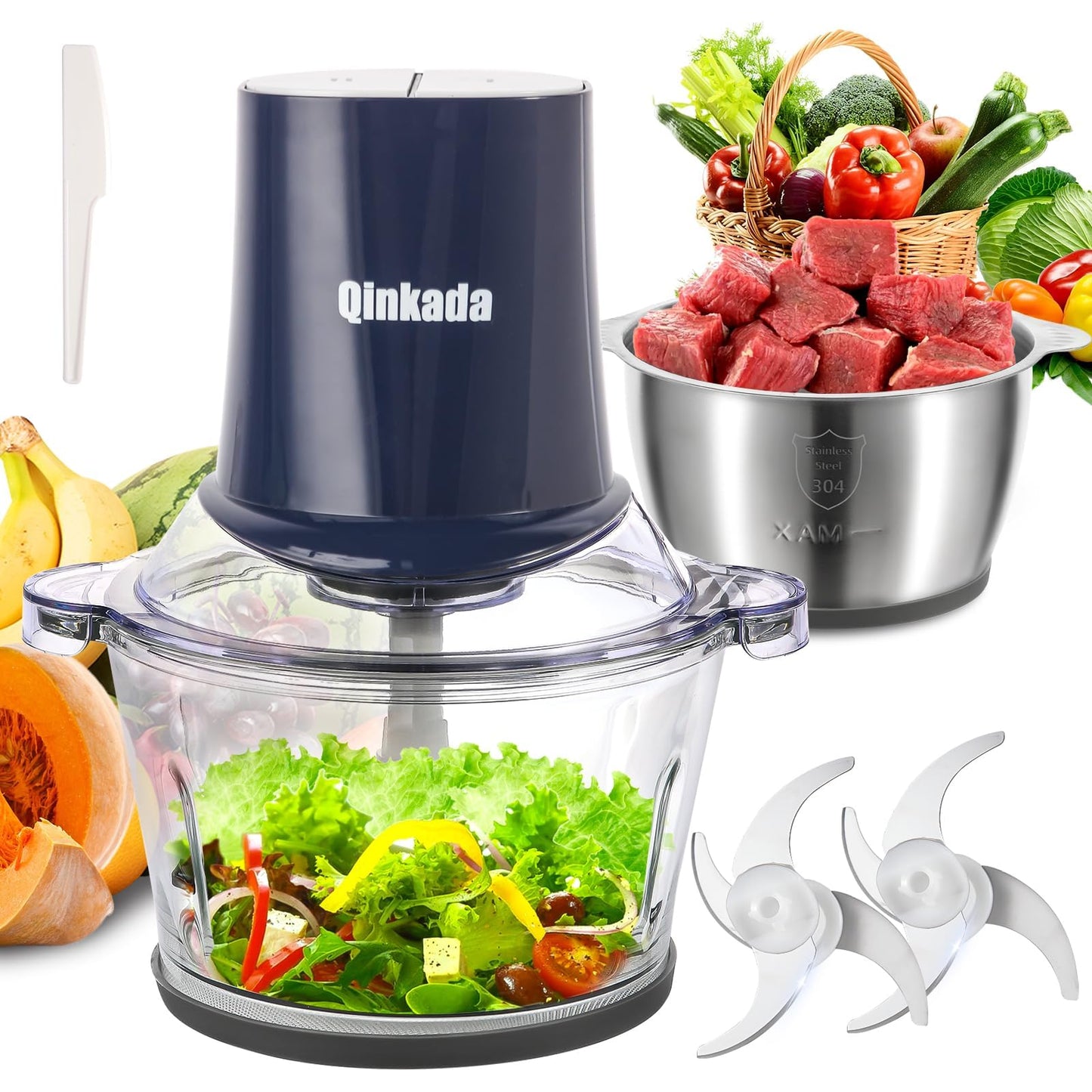 Procesador de Alimentos Qinkada Plateado con Molinillo de Carne y Cuencos de Vidrio e Inoxidable