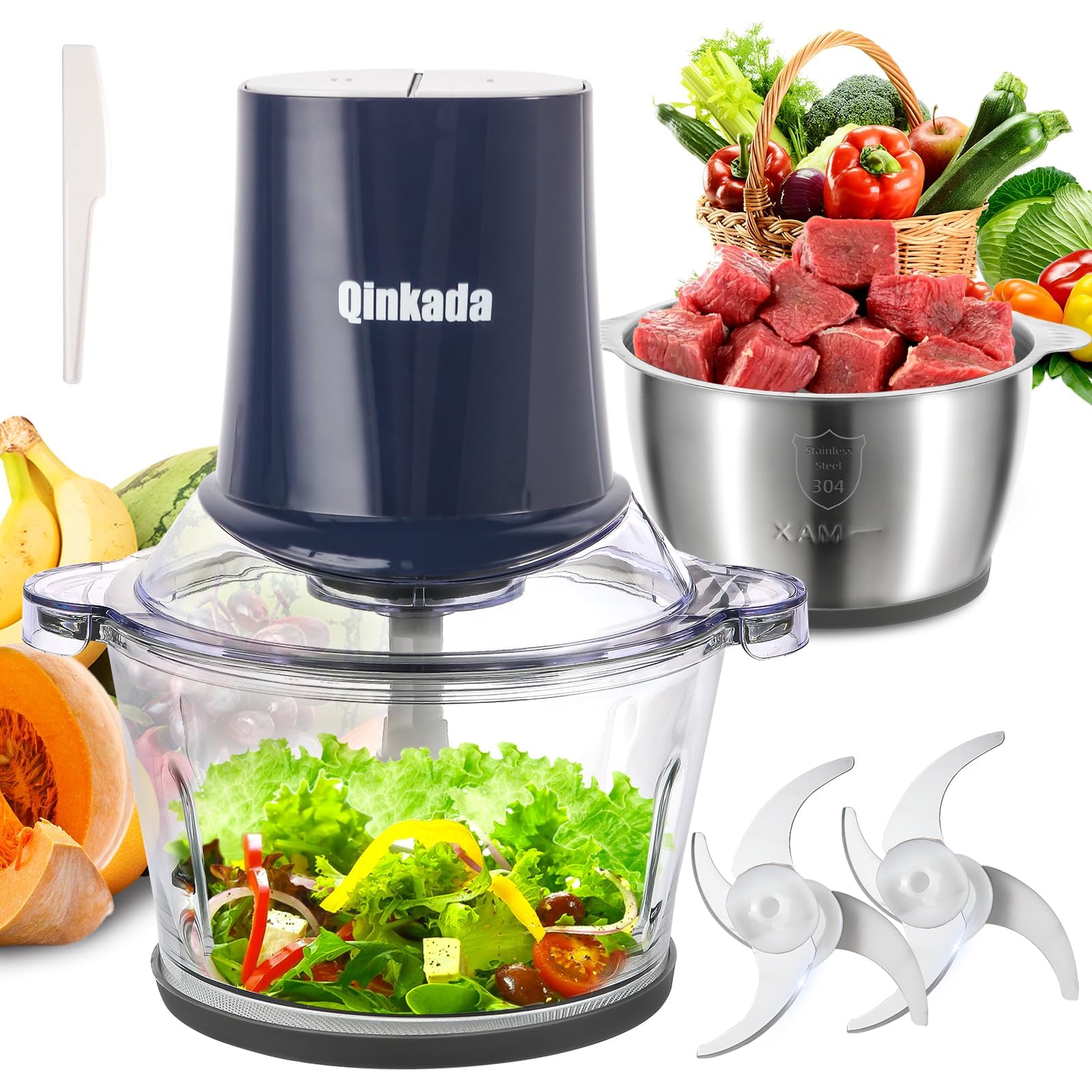 Procesador de Alimentos Qinkada Plateado con Molinillo de Carne y Cuencos de Vidrio e Inoxidable