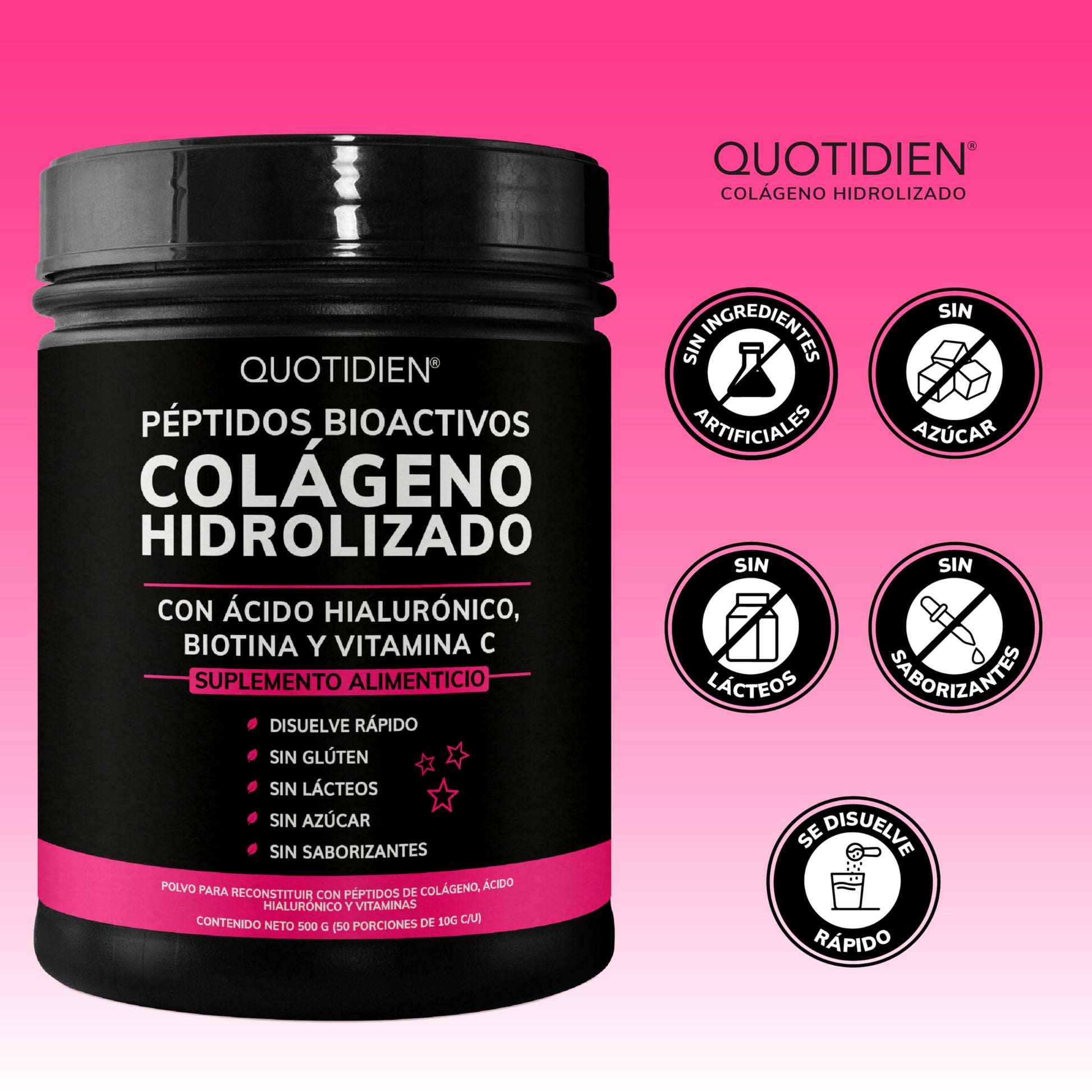 Suplemento Alimenticio Quotidien Péptidos Bioactivos Colageno Hidrolizado de Disolución Rápida Sin Azúcar para Piel y Uñas