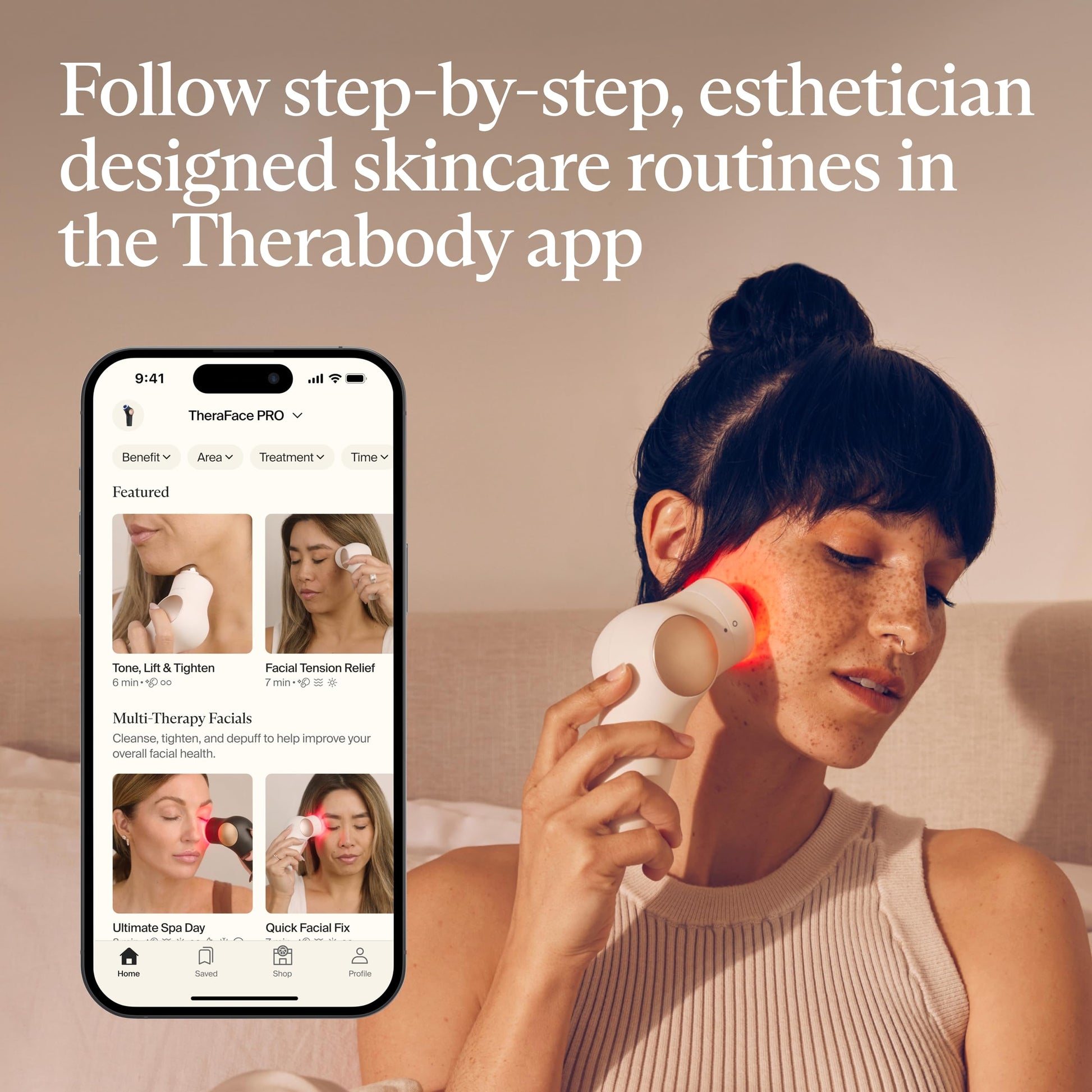 TheraFace PRO | Masaje de terapia percusiva 6 en 1 para el cuidado de la piel - Microcorriente - LED azul y rojo de Therabody - Blanco