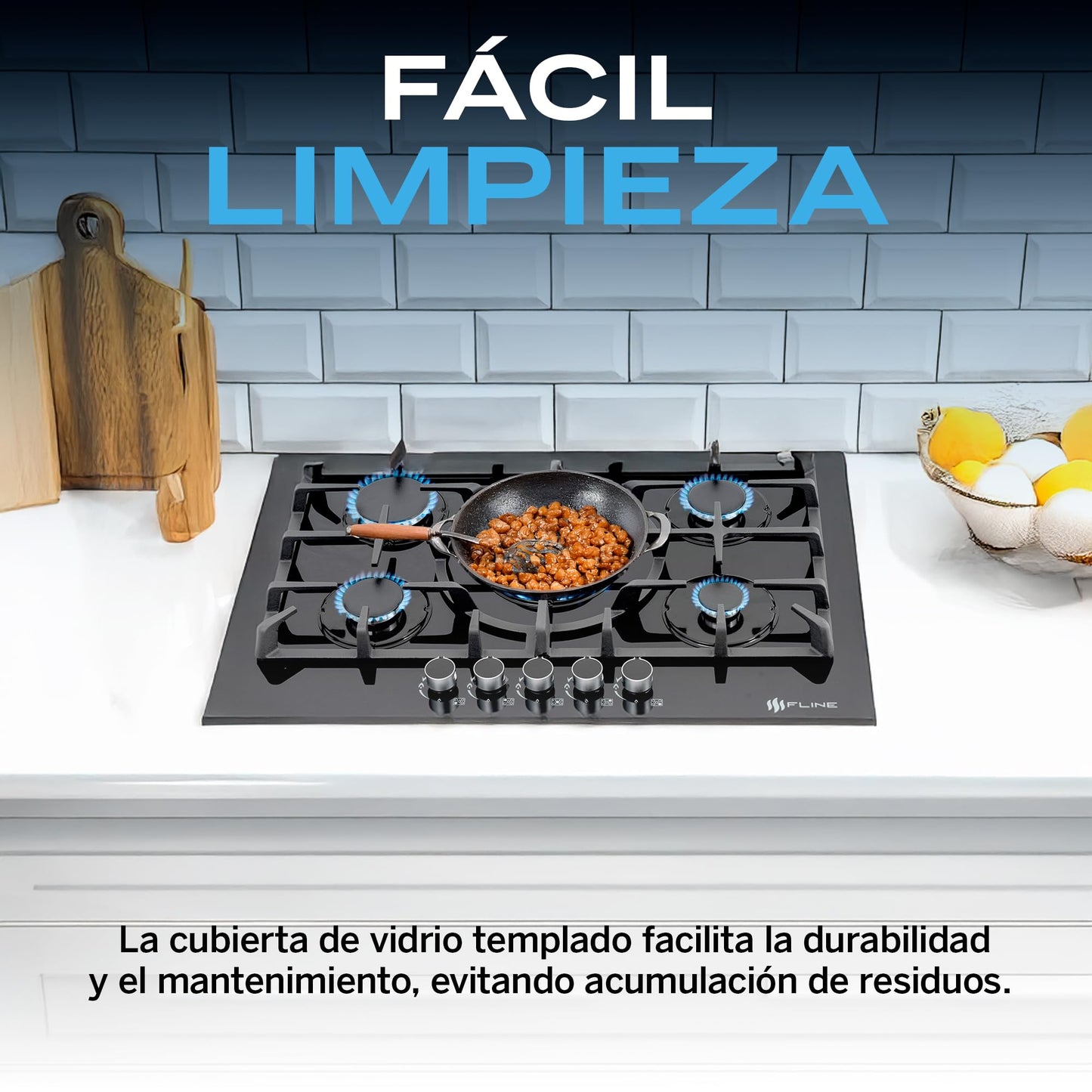 Parrilla de Gas Empotrable 5 Quemadores Vidrio Templado 76 cm Encendido Electrónico para Inducción