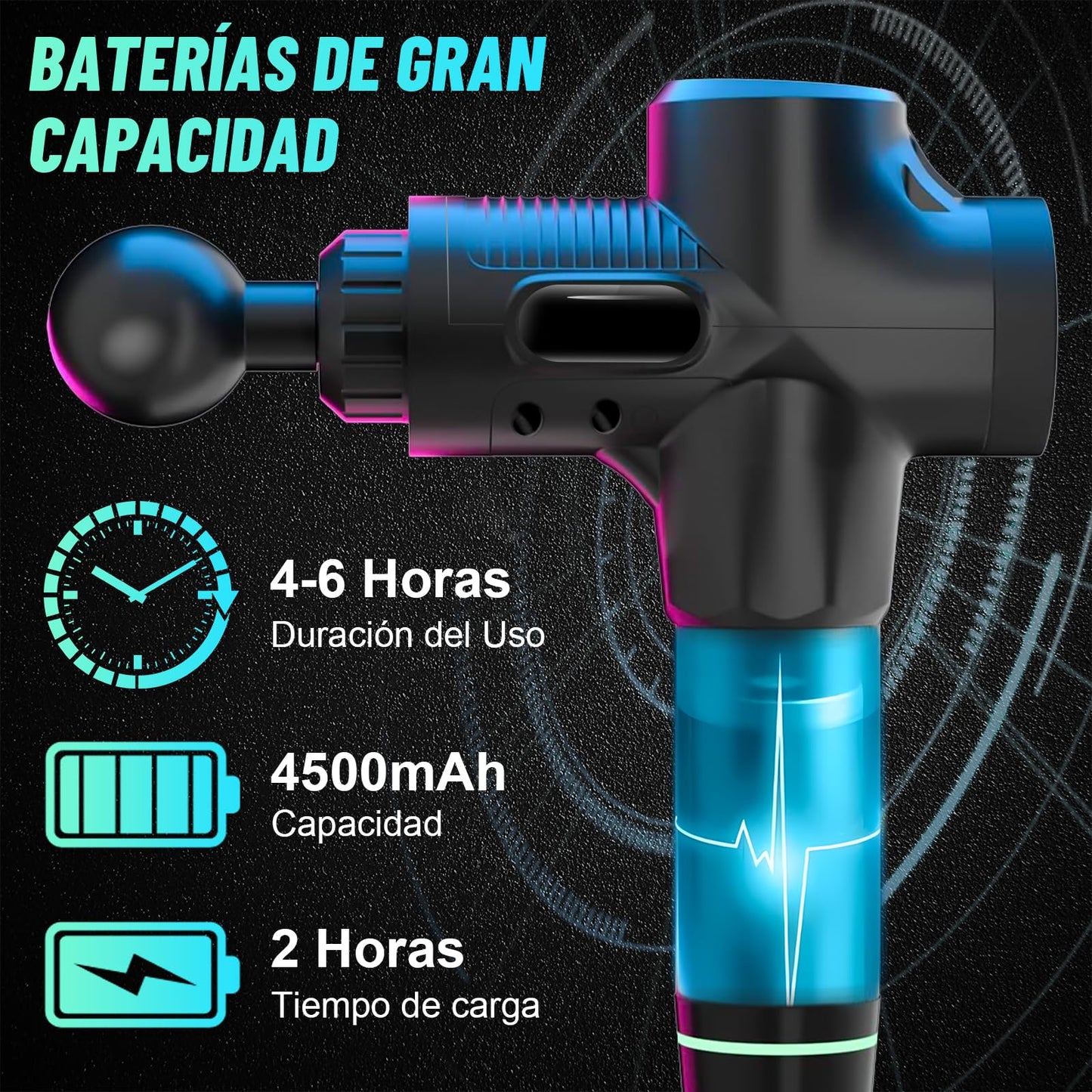 Pistola de Masaje Muscular,4500mAh Pistola Masajeadora,14 Cabezales y 30 Velocidades Ajustables,Masaje Eléctrico de Mano,Masajeador Muscular de Tejido Profundo,Masajeador de Espalda para Hombro,Cuello