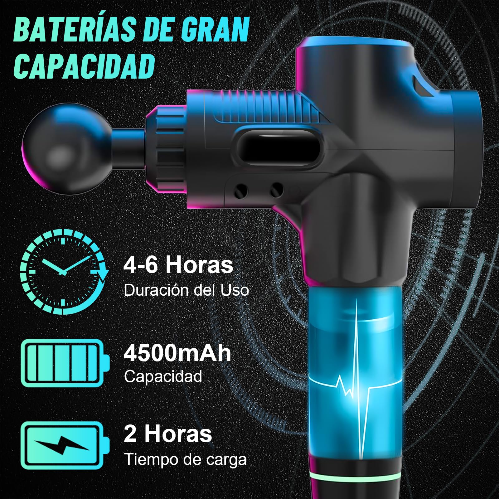 Pistola de Masaje Muscular,4500mAh Pistola Masajeadora,14 Cabezales y 30 Velocidades Ajustables,Masaje Eléctrico de Mano,Masajeador Muscular de Tejido Profundo,Masajeador de Espalda para Hombro,Cuello