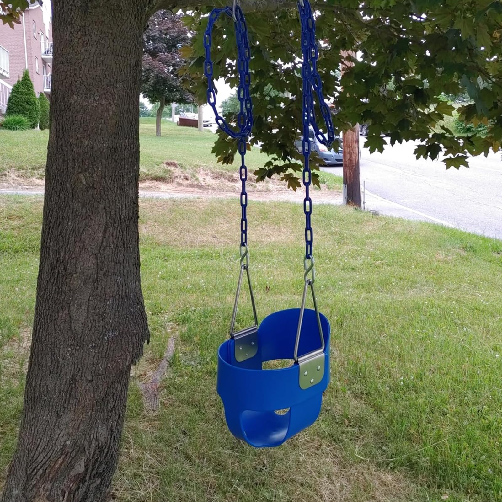 KINSPORY Asiento de Columpio, 150cm Columpio para bebé con Cadenas de Hierro Resistentes recubiertas, Juego de Columpio al Aire Libre con Respaldo Alto y Correas para árboles - Azul