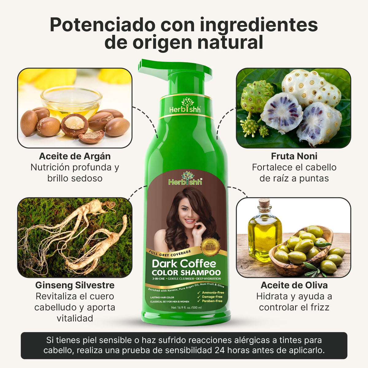 Herbishh Shampoo Color para Cabello Gris Natural - Dura Hasta 3-4 Semanas 500ml - Color de Cabello 3 en 1 Sin Amoniaco | Herbishh (Café Oscuro)