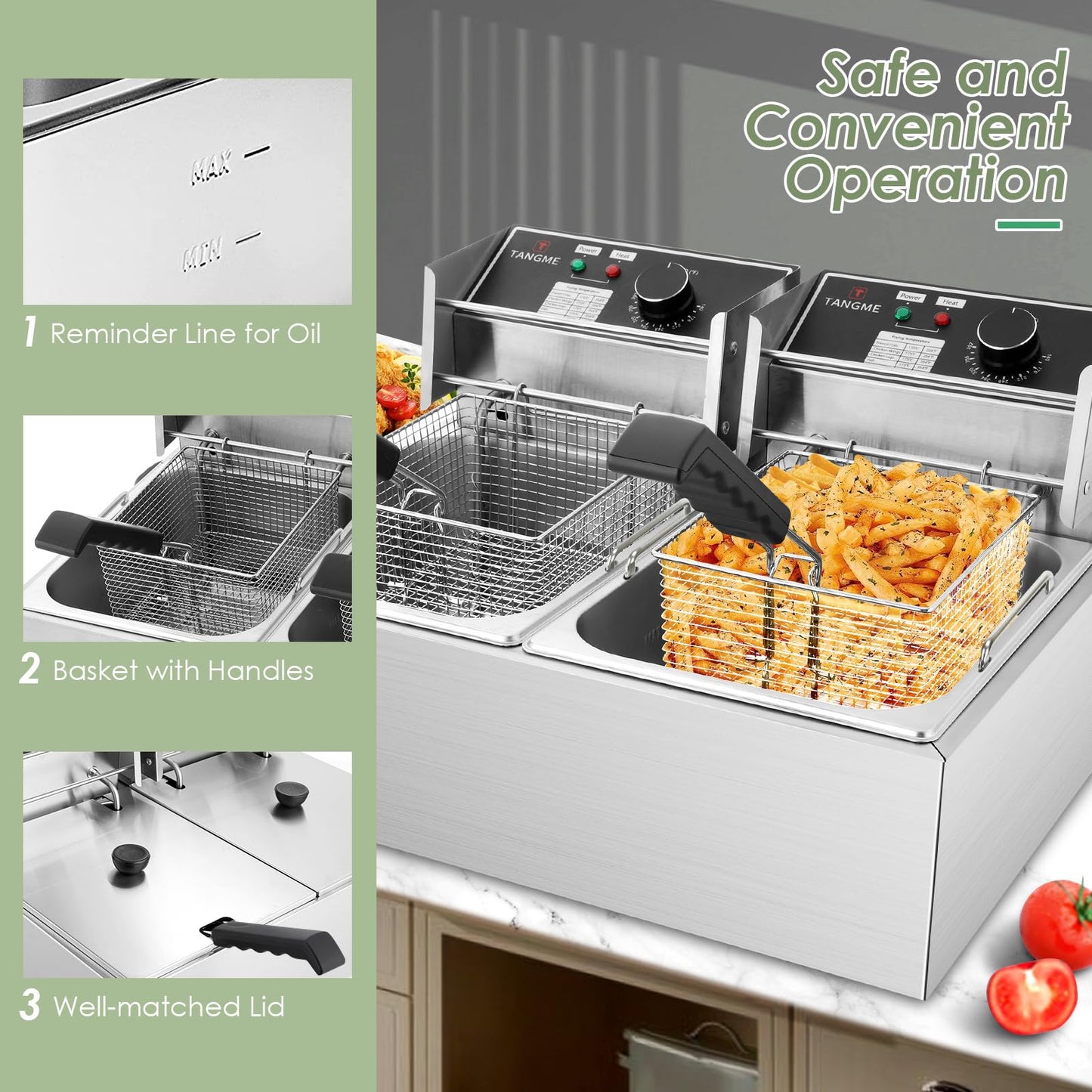 Freidora comercial – Freidora eléctrica de 3400 W con cestas de 2 x 6.35 cuartos de galón de acero inoxidable de 0.6 mm de espesor, 20.7 cuartos de galón de gran capacidad con limitador de temperatura