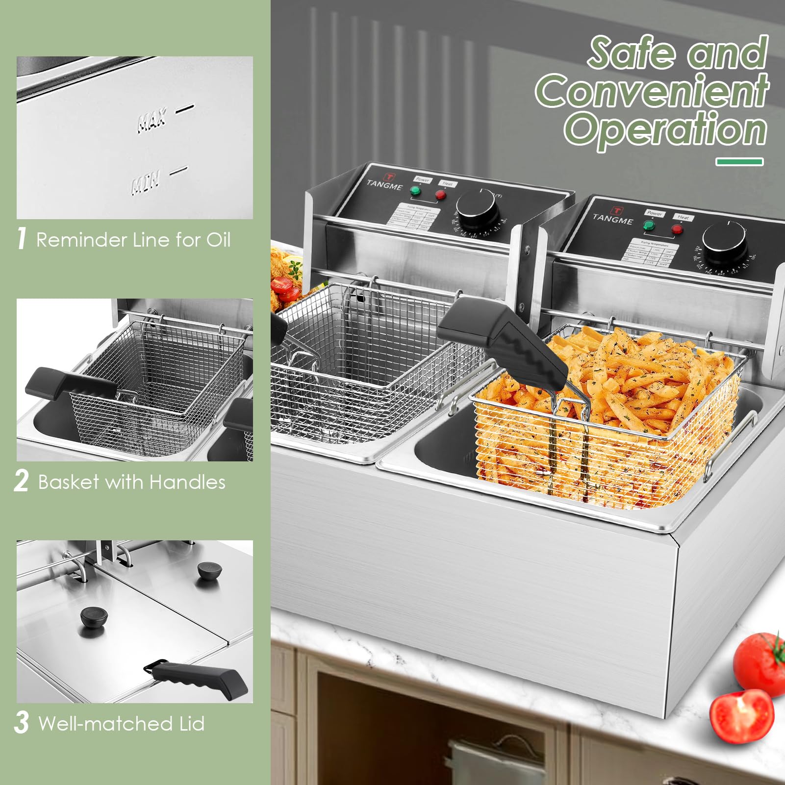 Freidora comercial – Freidora eléctrica de 3400 W con cestas de 2 x 6.35 cuartos de galón de acero inoxidable de 0.6 mm de espesor, 20.7 cuartos de galón de gran capacidad con limitador de temperatura
