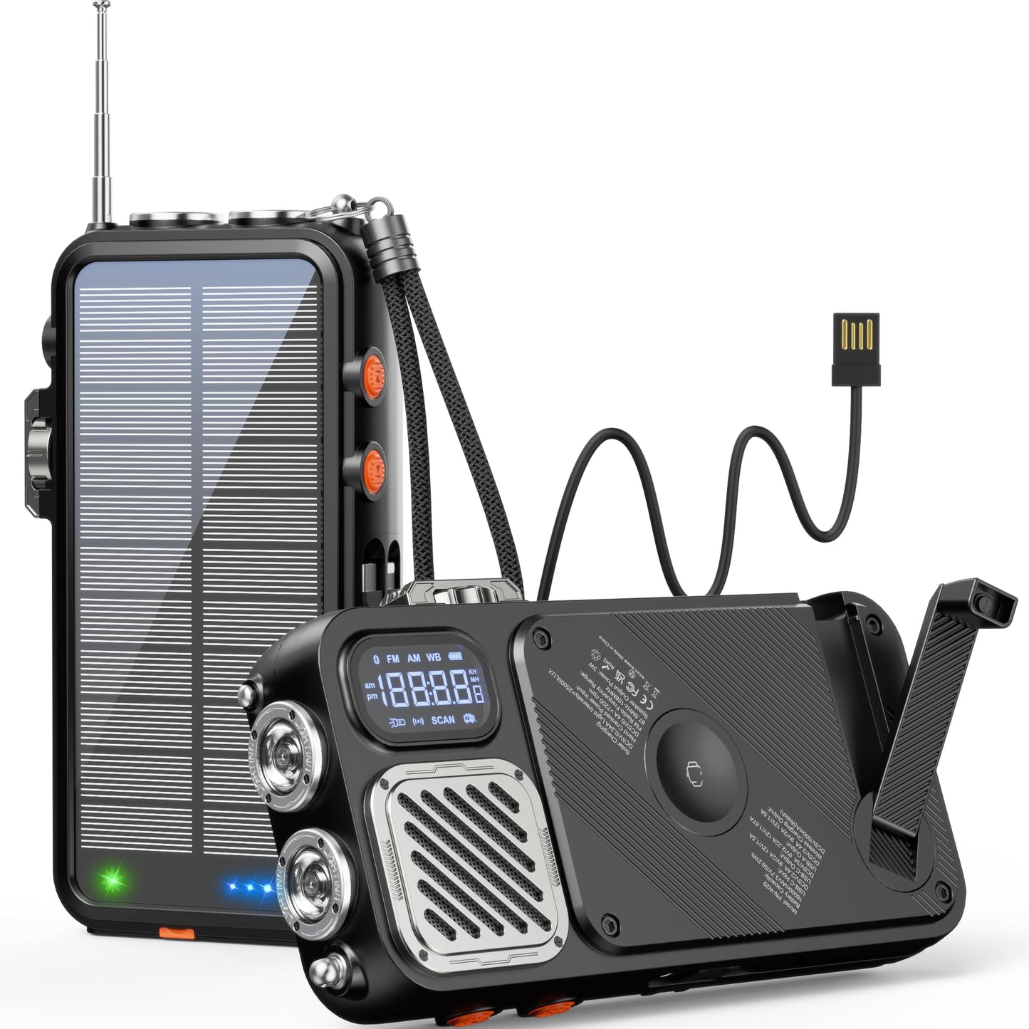 BROWEY - Cargador inalámbrico para banco de energía solar, 16000 mAh, manivela integrada y 3 cables con radio de emergencia y linterna, carga rápida de 20 W para teléfonos celulares, cargador portátil