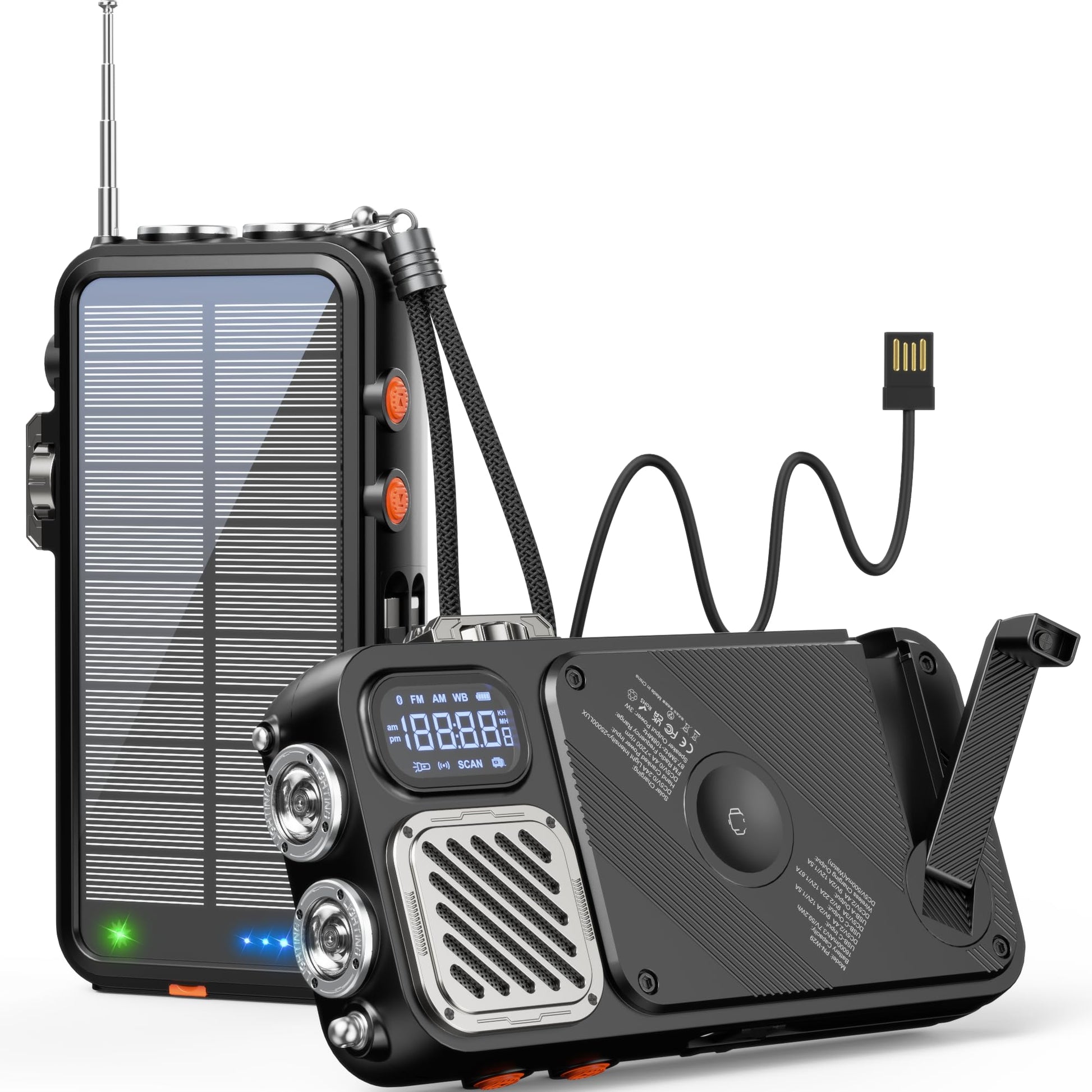 BROWEY - Cargador inalámbrico para banco de energía solar, 16000 mAh, manivela integrada y 3 cables con radio de emergencia y linterna, carga rápida de 20 W para teléfonos celulares, cargador portátil