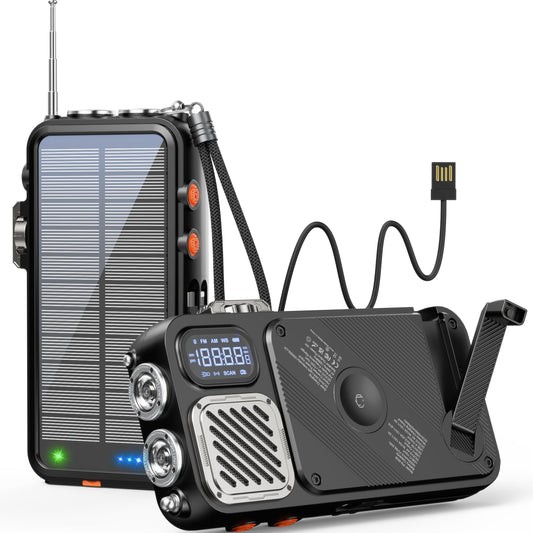 BROWEY - Cargador inalámbrico para banco de energía solar, 16000 mAh, manivela integrada y 3 cables con radio de emergencia y linterna, carga rápida de 20 W para teléfonos celulares, cargador portátil