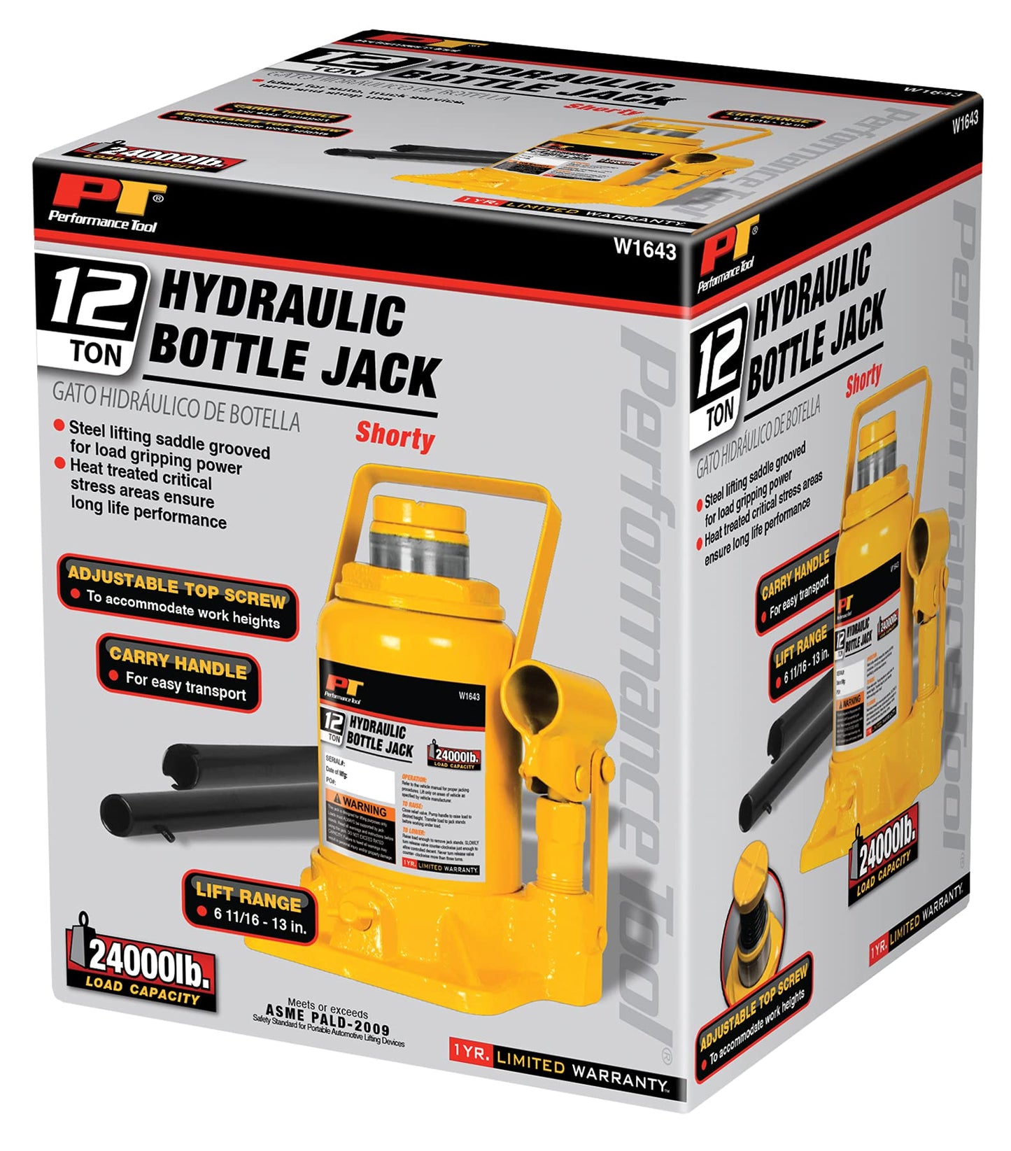 Performance Tool W1643 - Gato de botella corto resistente para mantenimiento de vehículos, capacidad de 12 toneladas (24 libras)