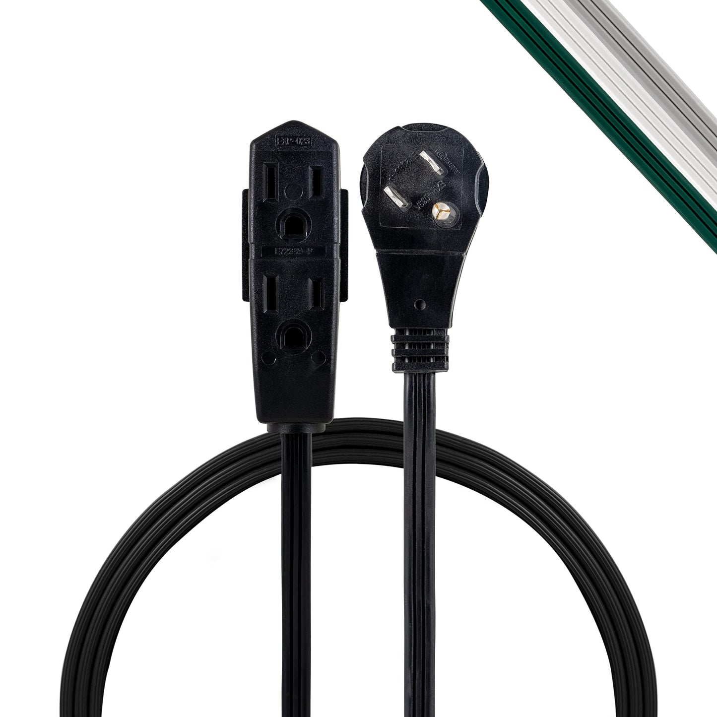 GE 69877 - Cable de extensión Plano de 3 tomacorrientes con múltiples tomacorrientes, Extensor de Salida de 3 Clavijas, Enchufe Plano para Interiores, Calibre 16, certificación UL, Negro