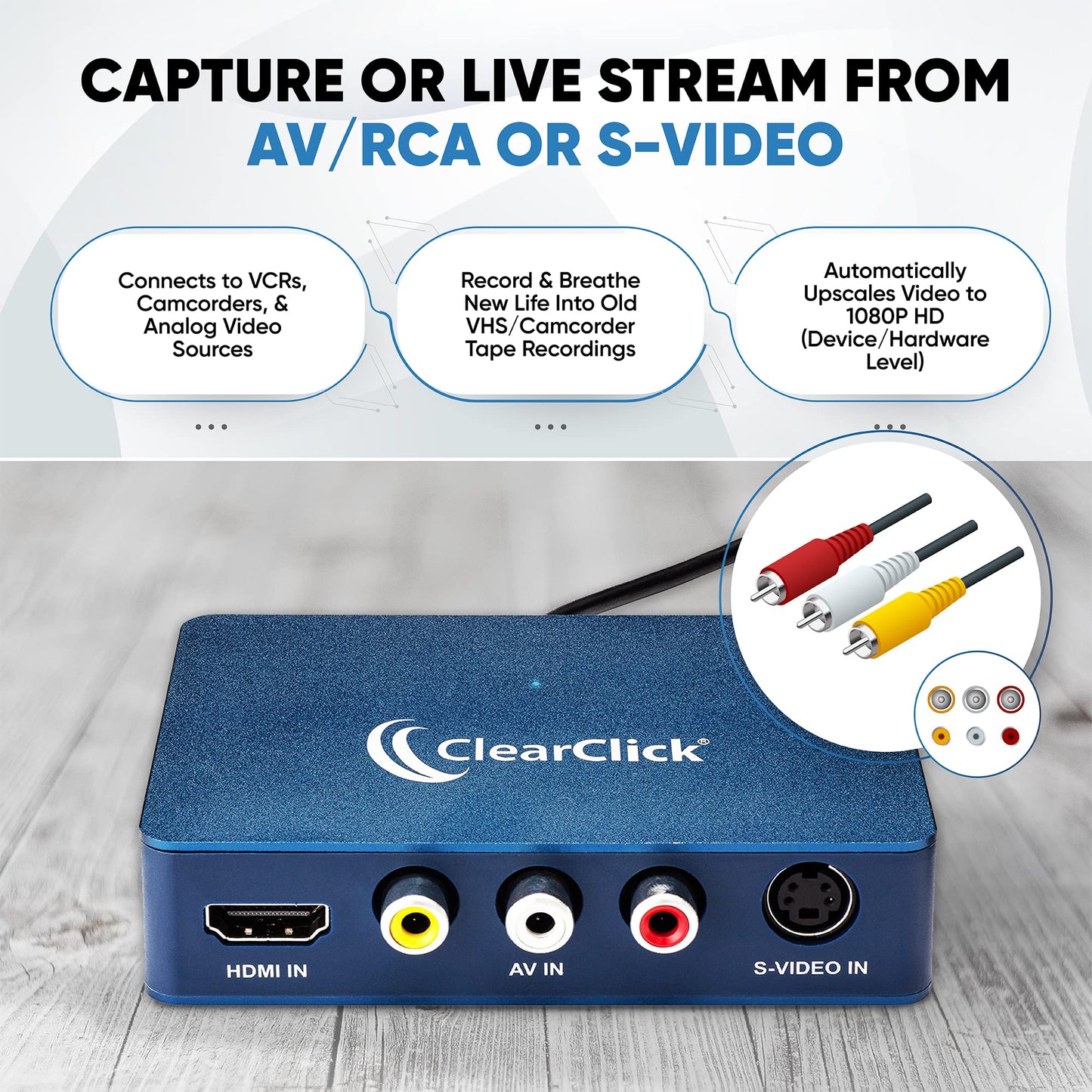 ClearClick Video to USB 1080P Audio Video Capture & Live Streaming Device - Entrada HDMI, AV, RCA, S-Video, VCR, VHS, videocámara, Video8, Hi8, DVD, sistemas de juegos - USB-C Plug & Play