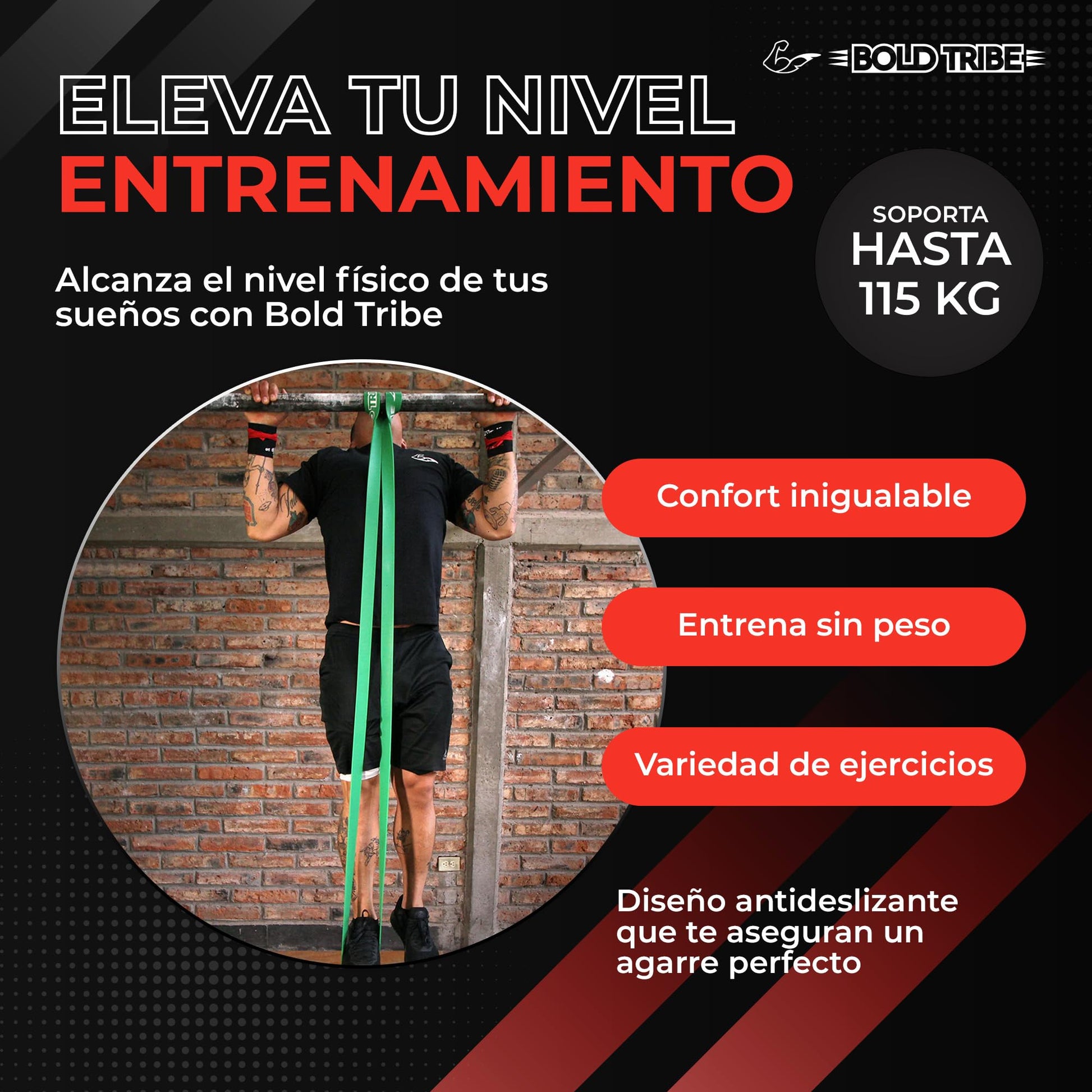BOLD TRIBE Liga de Resistencia Verde No. 4 - Banda Elástica de 22-56 kg - Bandas de Resistencia para Ejercicio - Cross Training, Calistenia y Entrenamiento Funcional - Gym en Casa