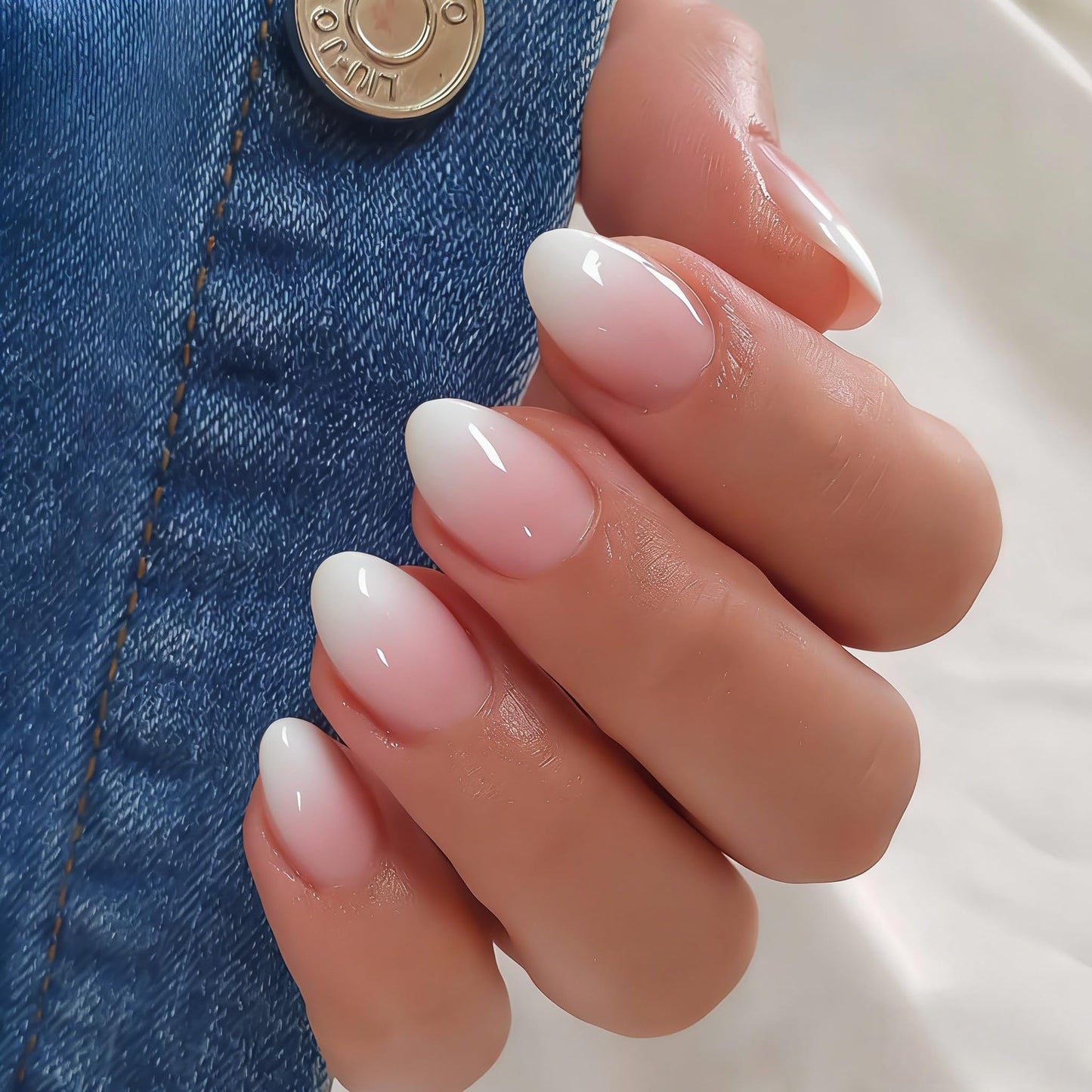 JOYVVEW Uñas postizas Ombre cortas ovaladas, 32 piezas, 16 tamaños, uñas postizas rosa degradado, almendradas, ajuste natural, uñas francesas brillantes con pegamento, acrílicas.