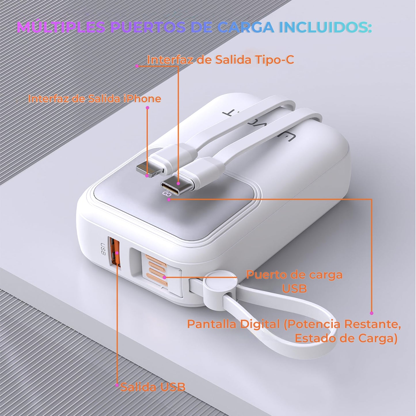 CELULARTE Power Bank U-Volt 10,000 mAh con Cables Integrados, Carga Rápida 22.5W, Batería Portátil con Pantalla Digital para iPhone, Samsung, Xiaomi, iPad y Más (Blanco)