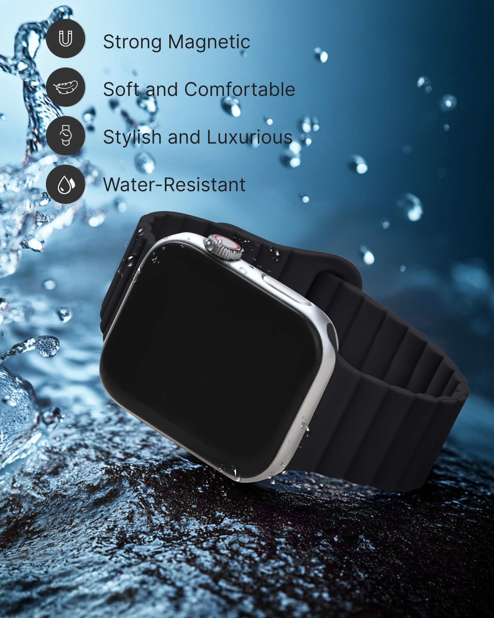 Fullmosa Correa Magnética de Silicona Para Apple Watch 44mm 45mm 42mm 49mm 46mm,Pulseras Deportiva para iWatch Ultra2/1 Series 10 9 8 7 6 5 4 3 2 1 Se Se2 Mujeres Hombres,Negro