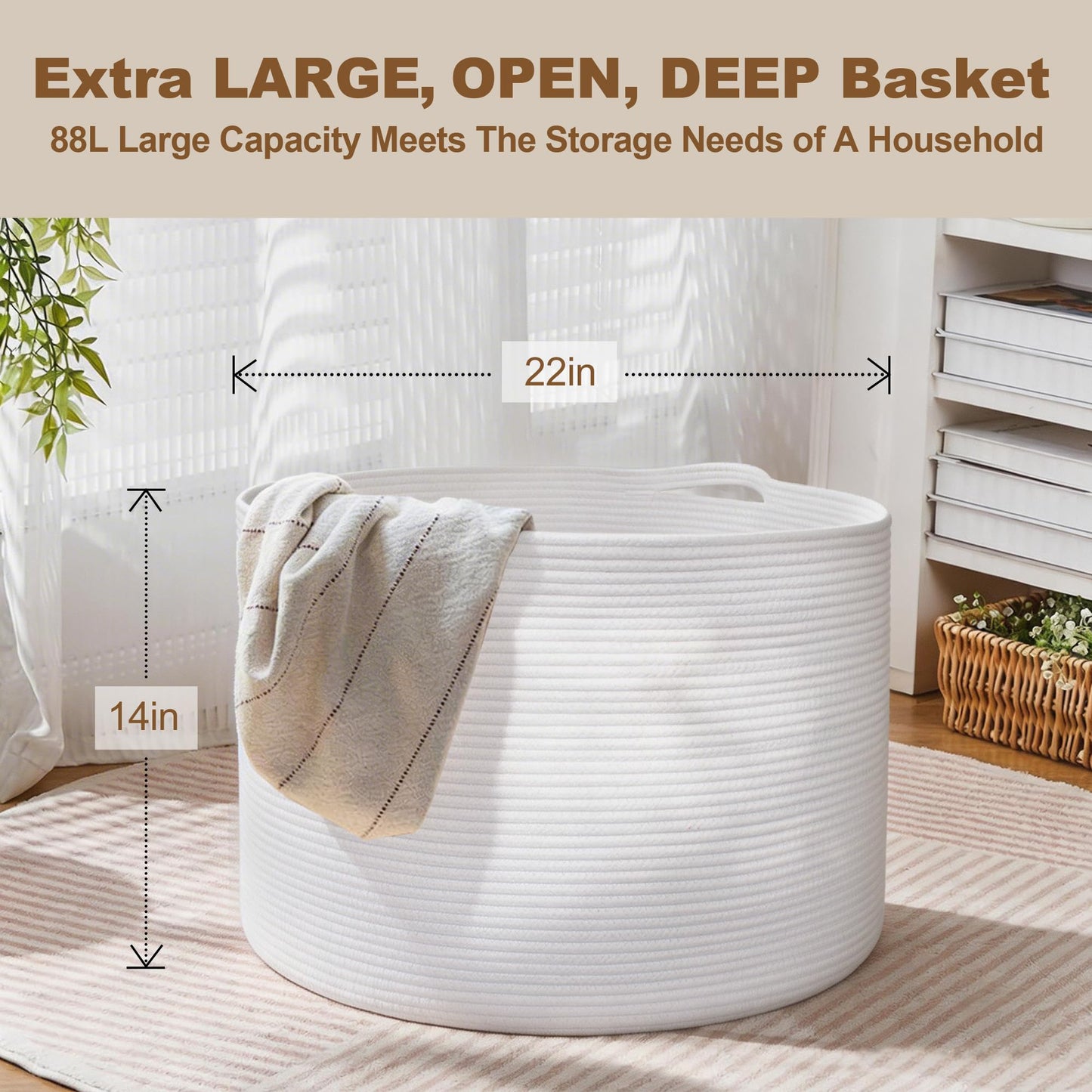 MEGASKET - Cesta de almacenamiento de cuerda de algodón blanco, 22 x 22 x 14 pulgadas, manta extragrande, almacenamiento para sala de estar, cesta de juguetes suaves XL para organizar, cesta de