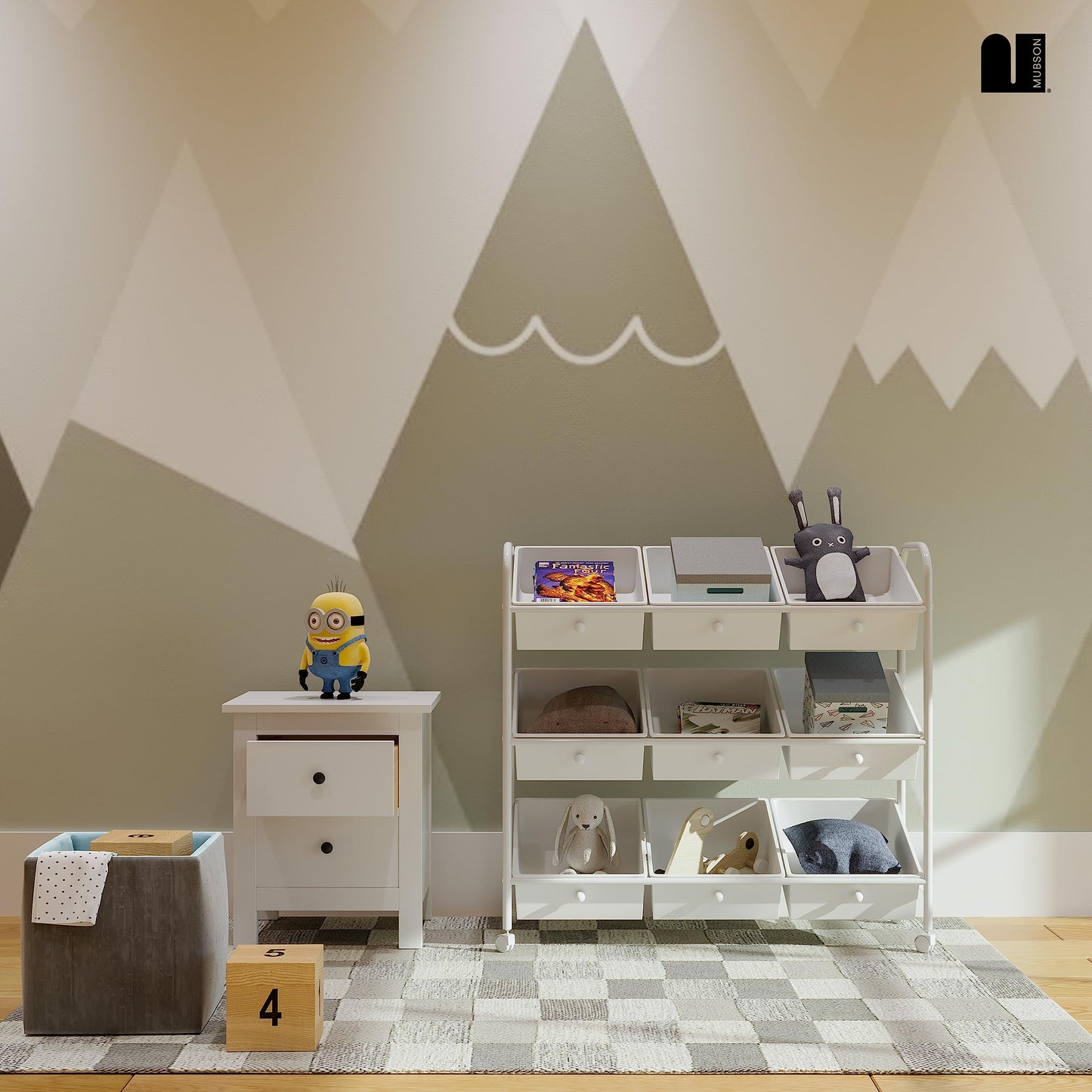MUBSON Juguetero Organizador Infantil con 9 cajones y Ruedas de Desplazamiento. Organizador Infantil Nove. Baul para Juguetes para el Cuarto de niños. Toy Storage (Blanco)