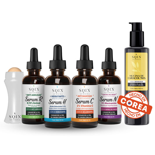 Sqin Luxiena Kit de Cuidado Facial Coreano con 5 Serums + Oil Roller: Vitamina C, Retinol, Ácido Hialurónico, Niacinamida y Baba de Caracol. Hidratación Profunda, Antiarrugas, Antimanchas, Mejora la textura y Luminosidad. Skincare Coreano