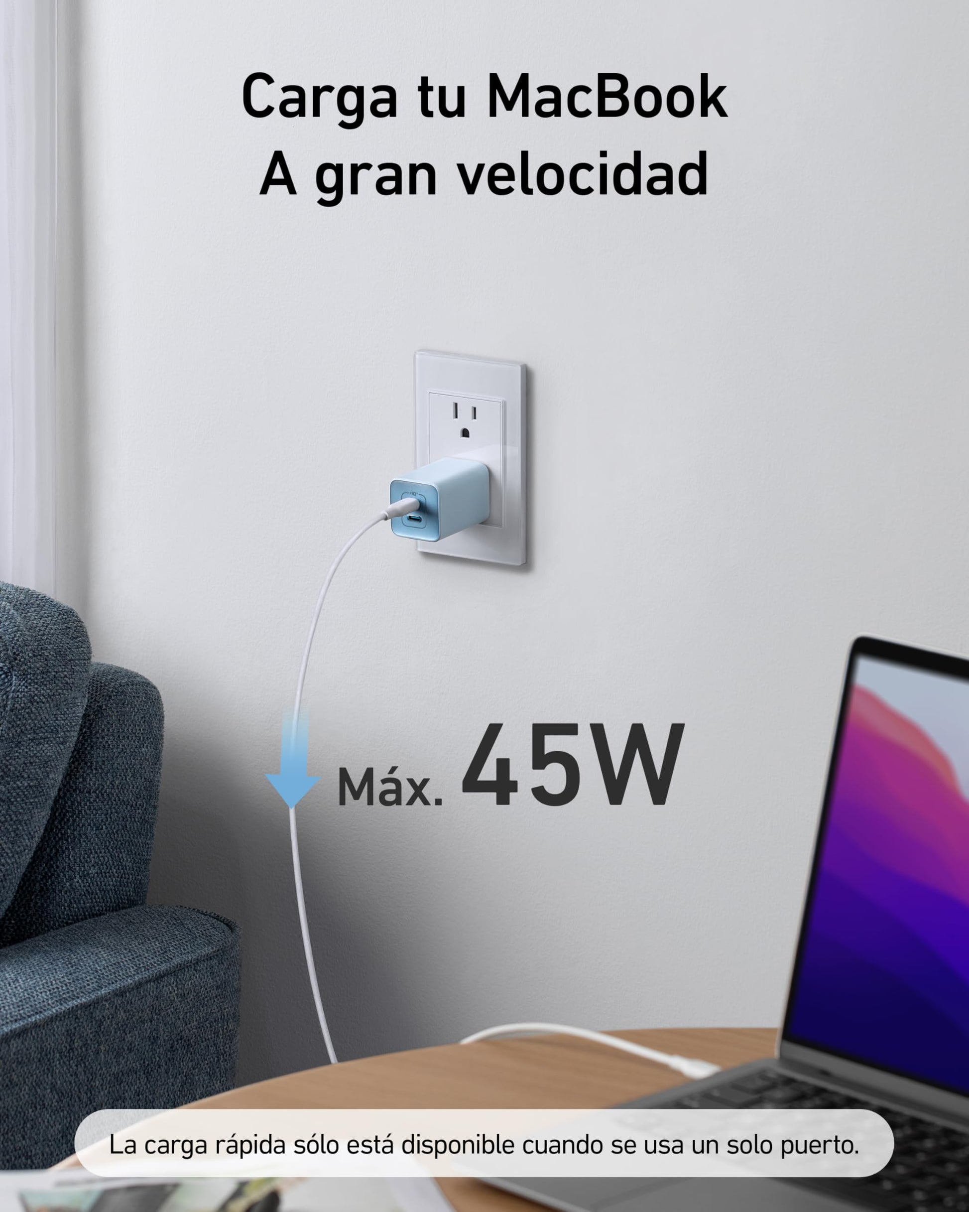 Cargador USB-C Anker Blanco GAN Compacto de 47 W y 2 Puertos para iPhone y Galaxy