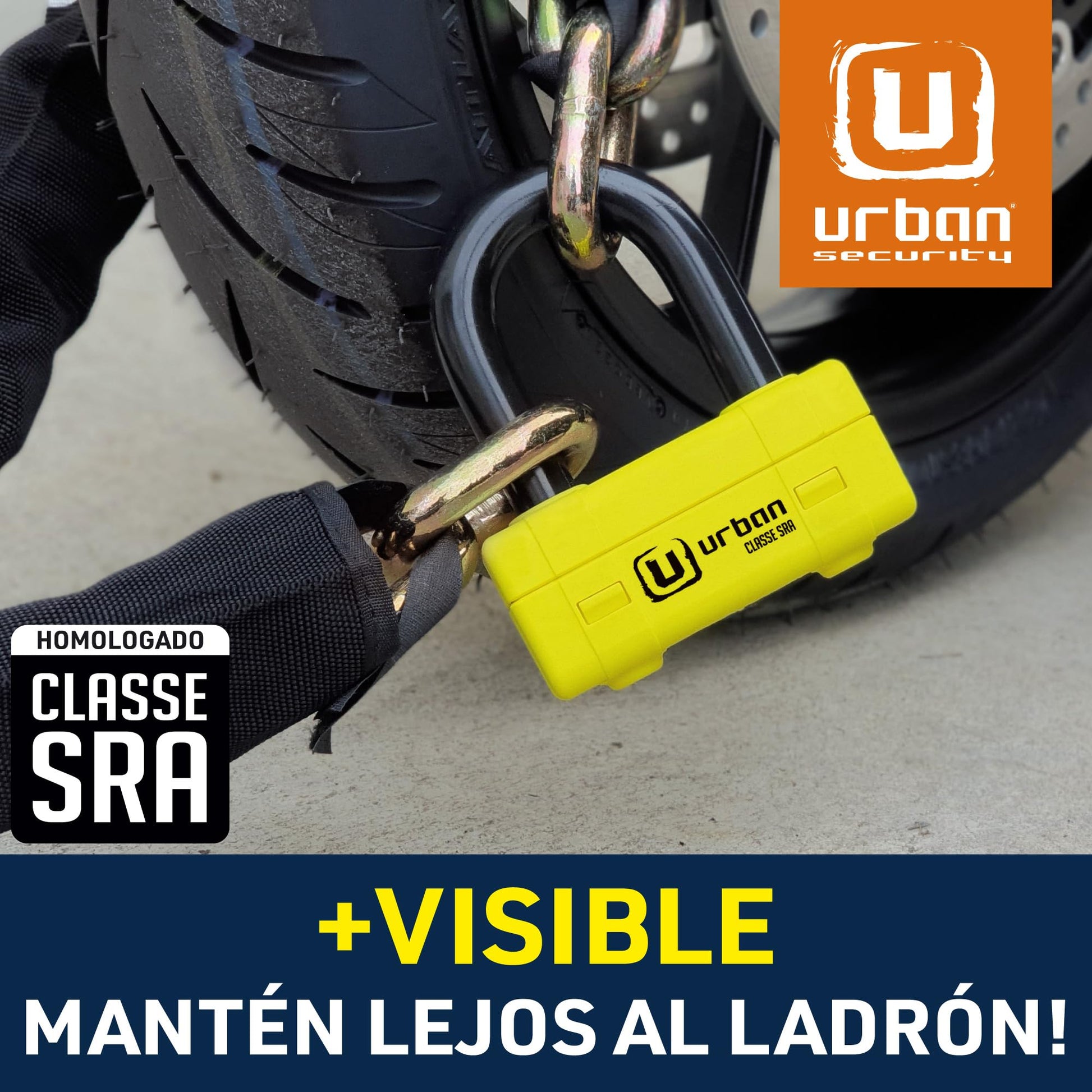 urban UR74120 Candado Cadena Antirrobo Moto Alta Seguridad Homologado Classe SRA, Mini U Bloqueo Disco + Cadena ø13.5, 120 cm, Amarillo