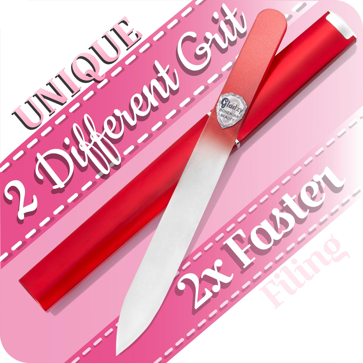 Lima de uñas de cristal checo auténtico con estuche, superficie de grano diferente de dos caras, cuidado profesional de uñas, calidad de la UE, manicura y pedicura, rojo coral