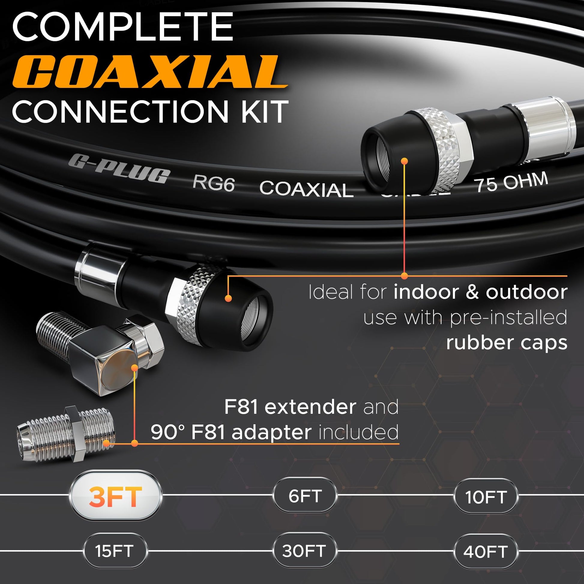 G-PLUG Cable Coaxial RG6 75 Ohm, Triple Blindaje, Impermeable, Conectores F Tipo Macho a Macho, Cable Antena TV, Satelital e Internet Banda Ancha, Incluye Acoplador F81, Negro