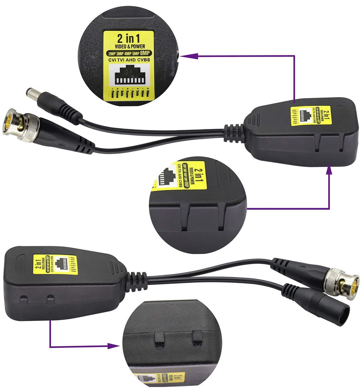 Transceptor de Red AAOTOKK Power Video Balun Negro con Conector DC para Sistemas de Cámara CCTV HD-CVI/TVI/AHD/CVBS