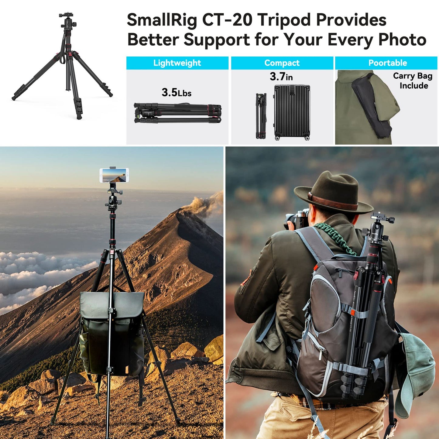 Trípode de Aluminio SmallRig 78 Pulgadas Liviano con Placa de Liberación Rápida y Cabeza de Bola 360 Grados