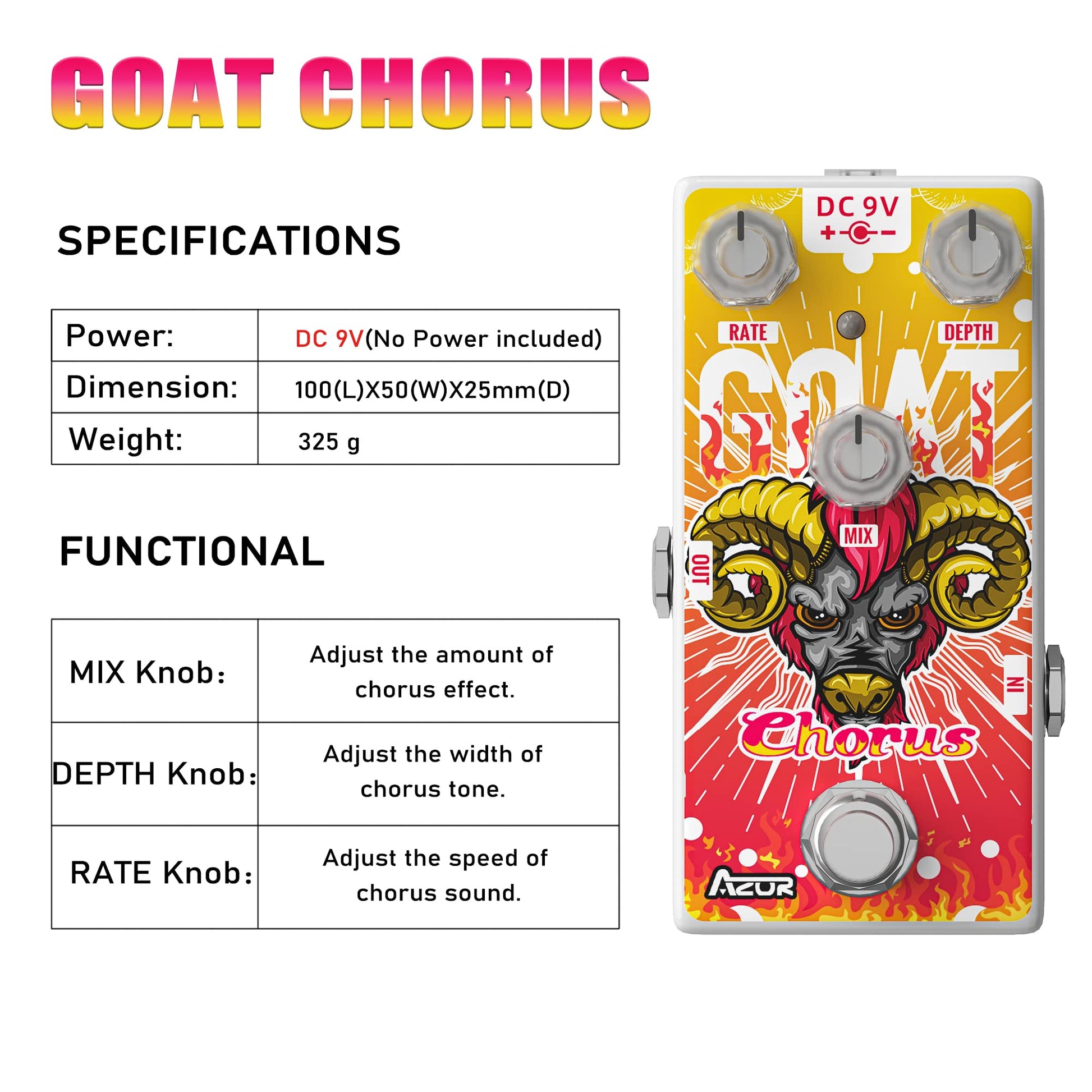 AZOR - Mini pedal de guitarra coro para tablas de pedales, pedal de efectos de coro digital de cabra clásico para guitarra eléctrica AP511