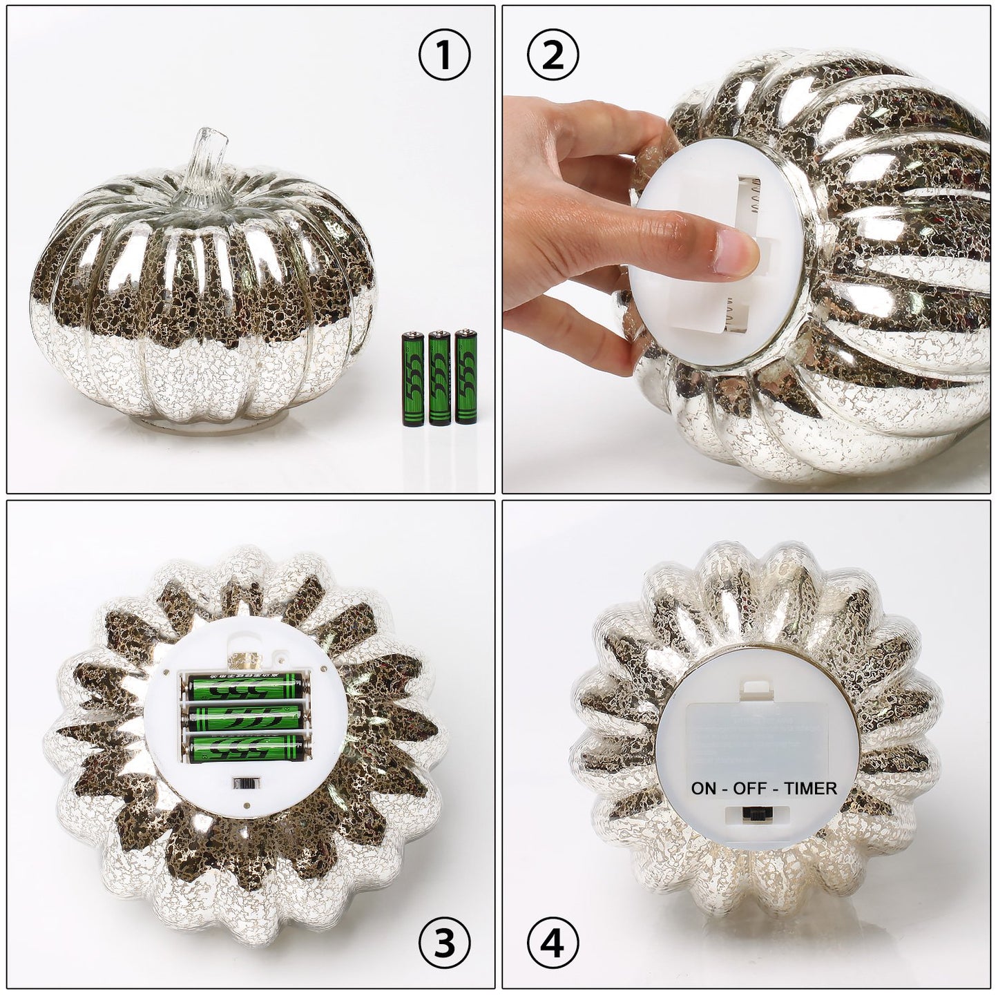 Luz de Calabaza de Vidrio Mercurio Romingo Plata con Temporizador 5.5 Pulgadas para Decoración de Halloween, Otoño y Acción de Gracias