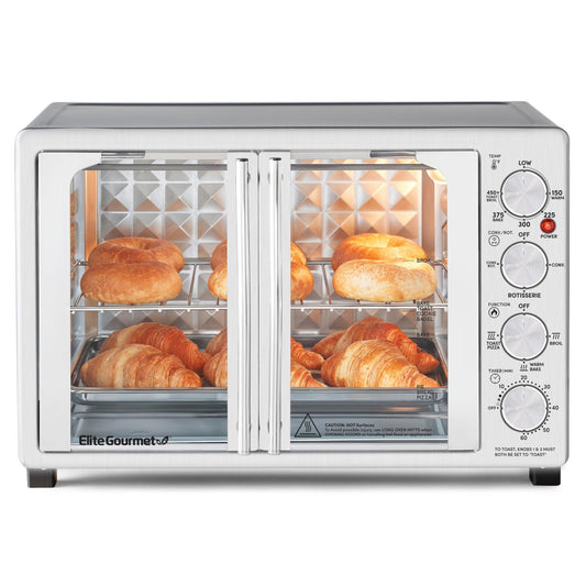 Elite Gourmet ETO4524 - Horno tostador de convección de encimera de 45 L, puertas francesas, temperatura y temporizador ajustables, hornear, asar, asar, asar, tostar, incluye charola para hornear,