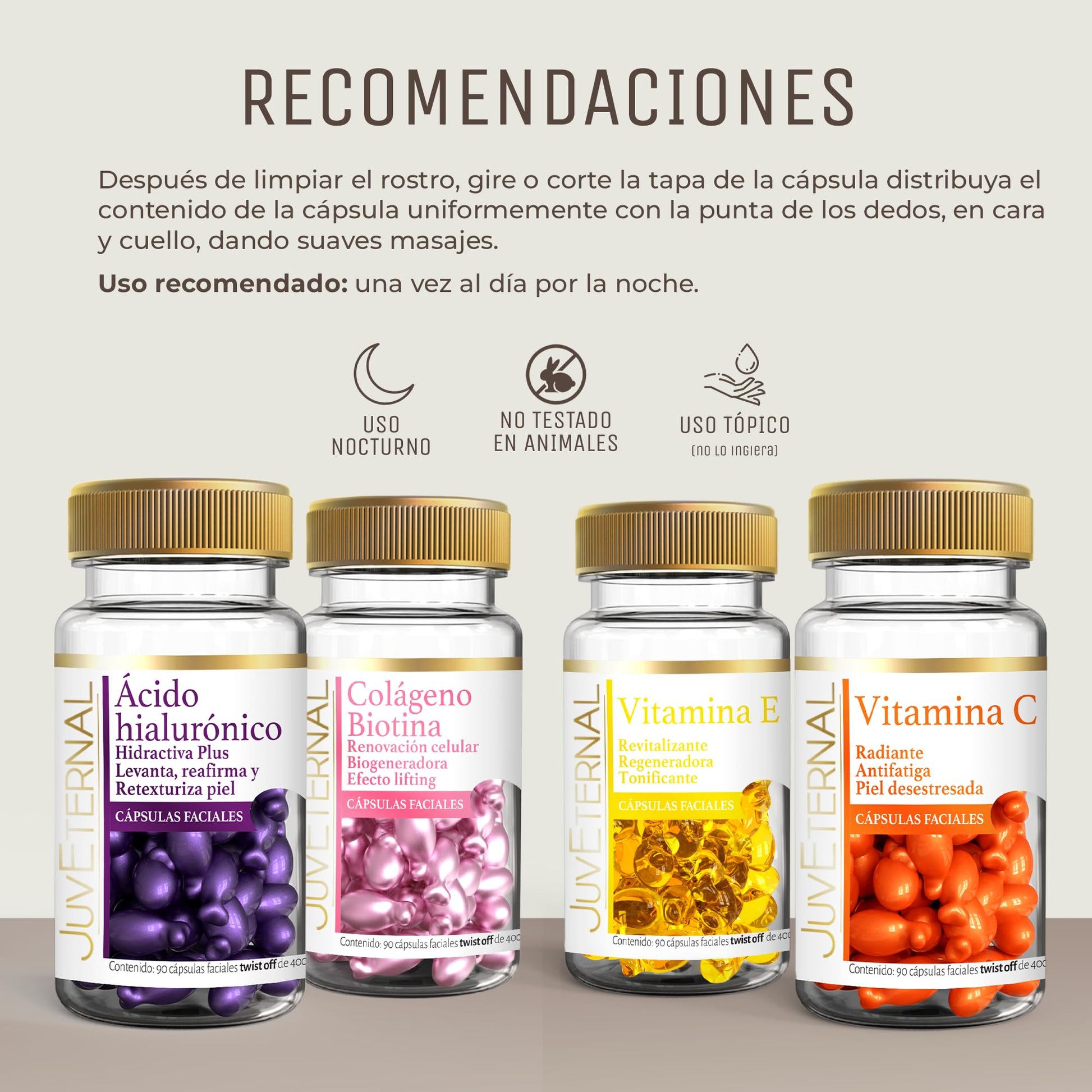 JUVETERNAL KIT Cápsulas Faciales Colágeno Biotina + Cápsulas Faciales Ácido Hialurónico + Cápsulas Faciales Vitamina E + Cápsulas Faciales Vitamina C