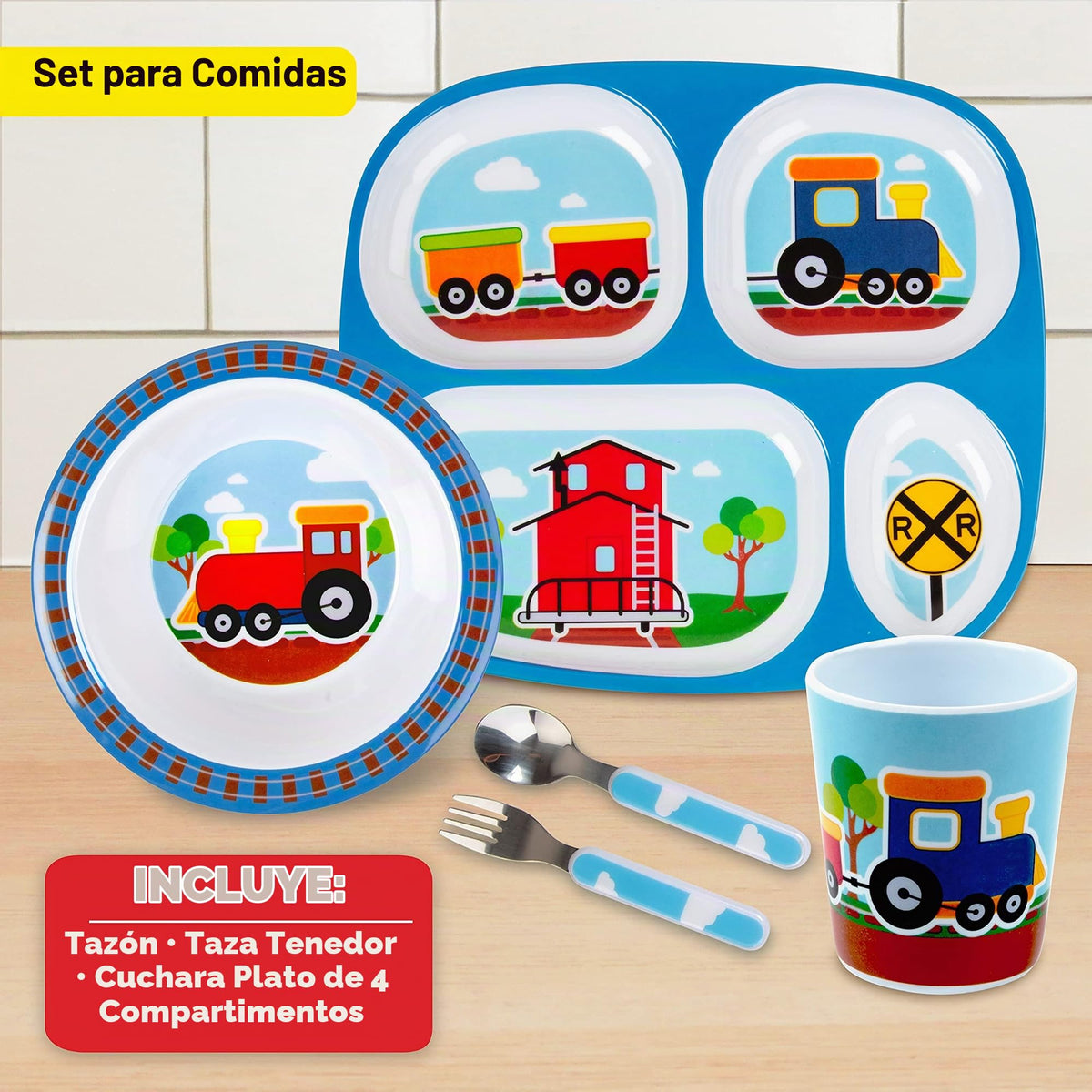 Bentology - Juego de vajilla infantil de 5 piezas, diseño de motor de tren