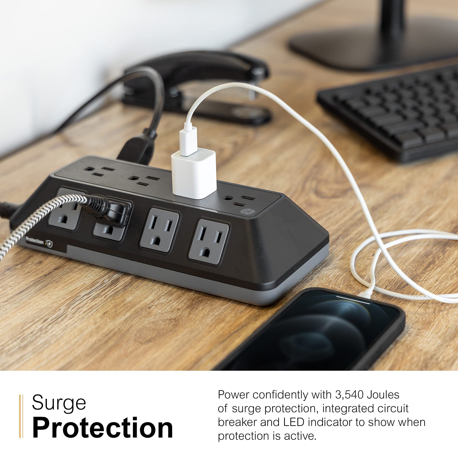 GE UltraPro Adapt 74542 - Protector de sobretensiones de 12 Tomas, Cable Trenzado de 6 pies, 3540 Julios, Negro, 74542