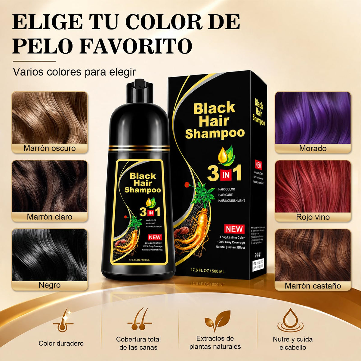 Champú Instant Hair Color para Cabello,hair dye shampoo, Champú Tinte Instantáneo 3 En 1 Fórmula Suave Que contiene Ingredientes Naturales,shampoo tinte, Adecuado Para HombresY mujeres (Negro)
