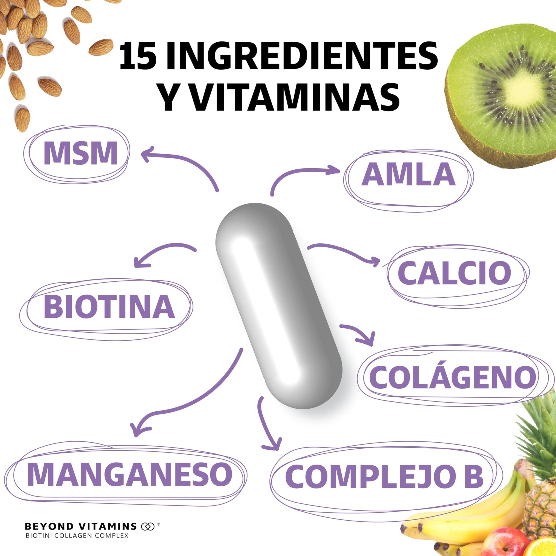 Biotin+Collagen Complex- Contiene Biotina + Colágeno + 15 Ingredientes y Vitaminas - Suplemento Vitamínico - Suplemento Alimenticio en Cápsulas - Sin Azúcar-Ingredientes NON GMO-60 cápsulas para 60 días
