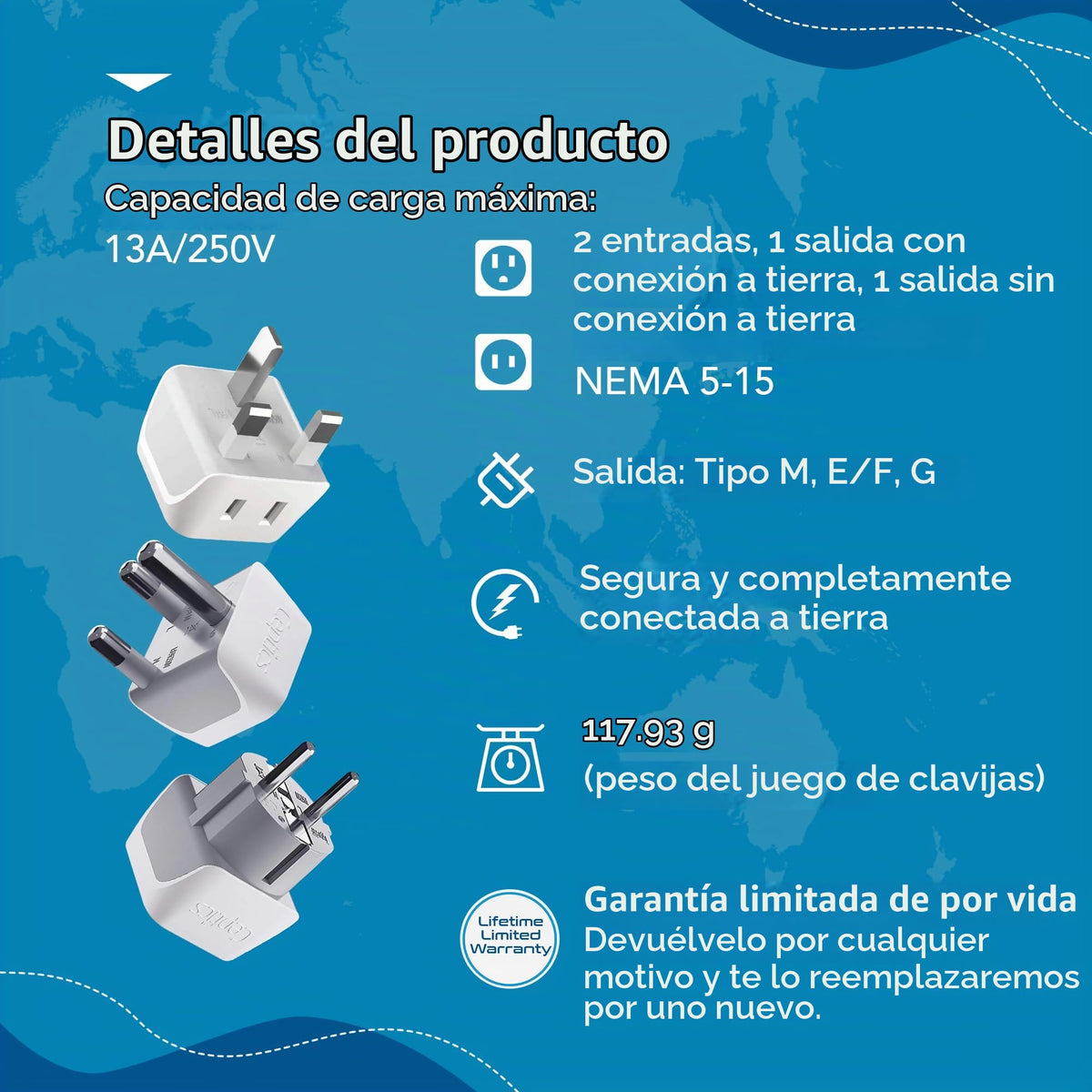 Juego de Adaptadores de Viaje Ceptics Negro 2 en 1 de Estados Unidos a África para Hombre