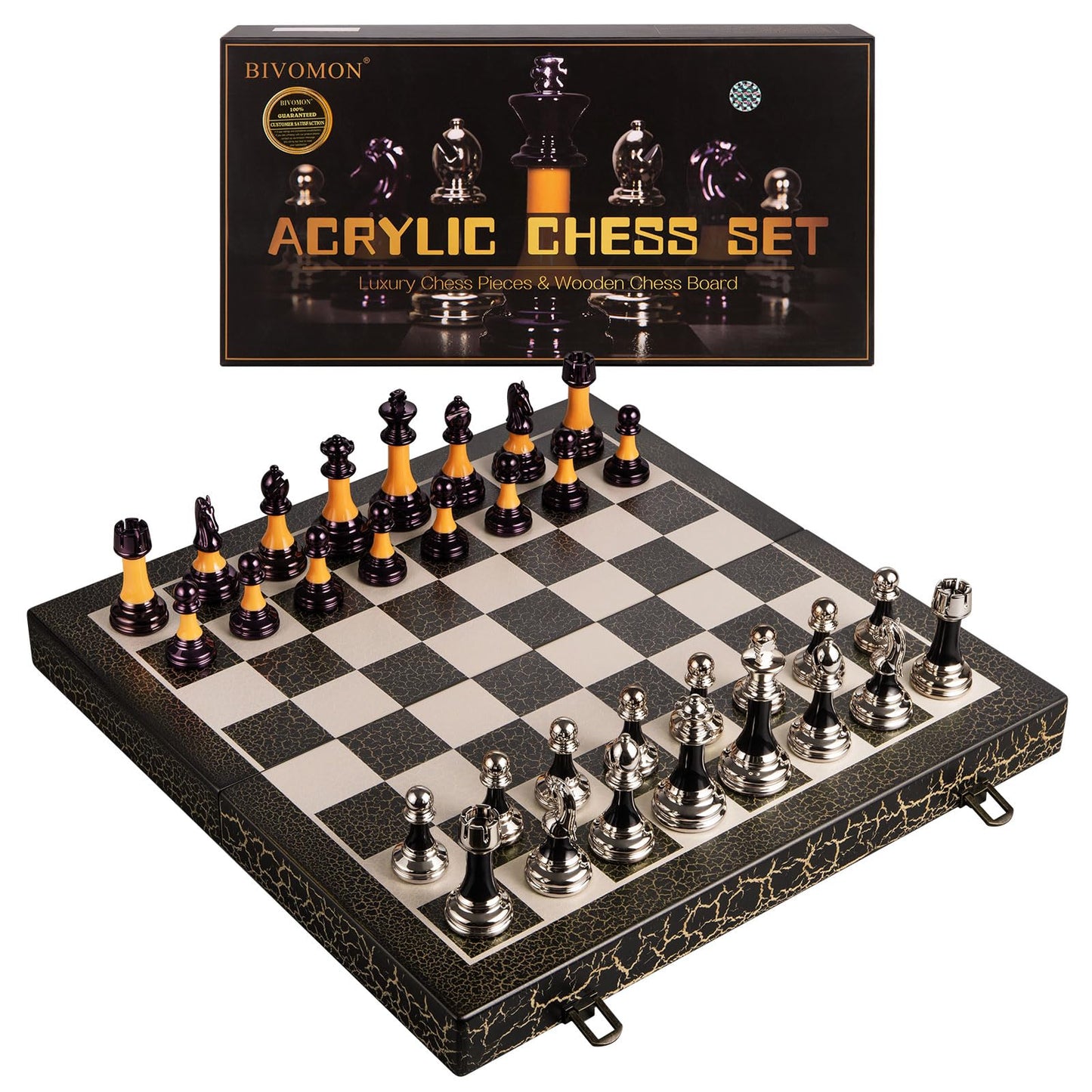BIVOMON - Juego de ajedrez de madera plegable de 16 pulgadas, color negro y blanco, piezas de ajedrez acrílico con peso de lujo con ranuras de almacenamiento para adultos y niños, regalo grande