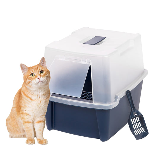 IRIS USA Caja de Arena para Gatos Grande con Cubierta Frontal con Abertura y Paleta, Bandeja de Arena para Gatos con Capucha y Puerta de Entrada para Privacidad, Marino
